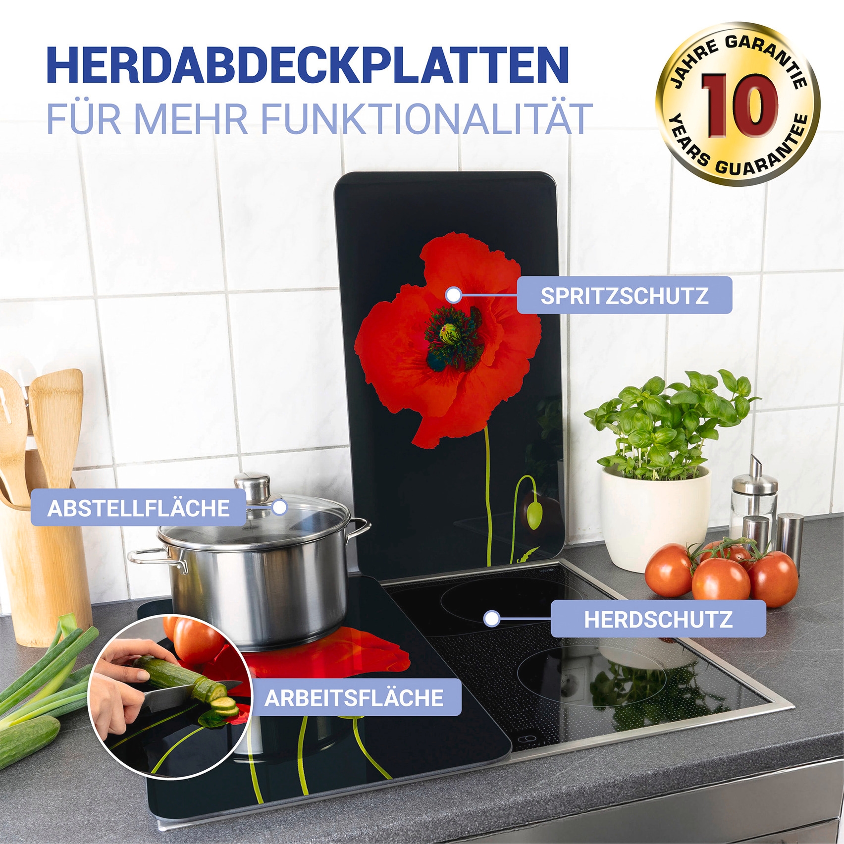 WENKO Herd-Abdeckplatte »Universal Modell Mohn«, (Set, 2 tlg.), Herdabdeckung für alle Herdarten, kratzfest, mit rutschfesten Füßen