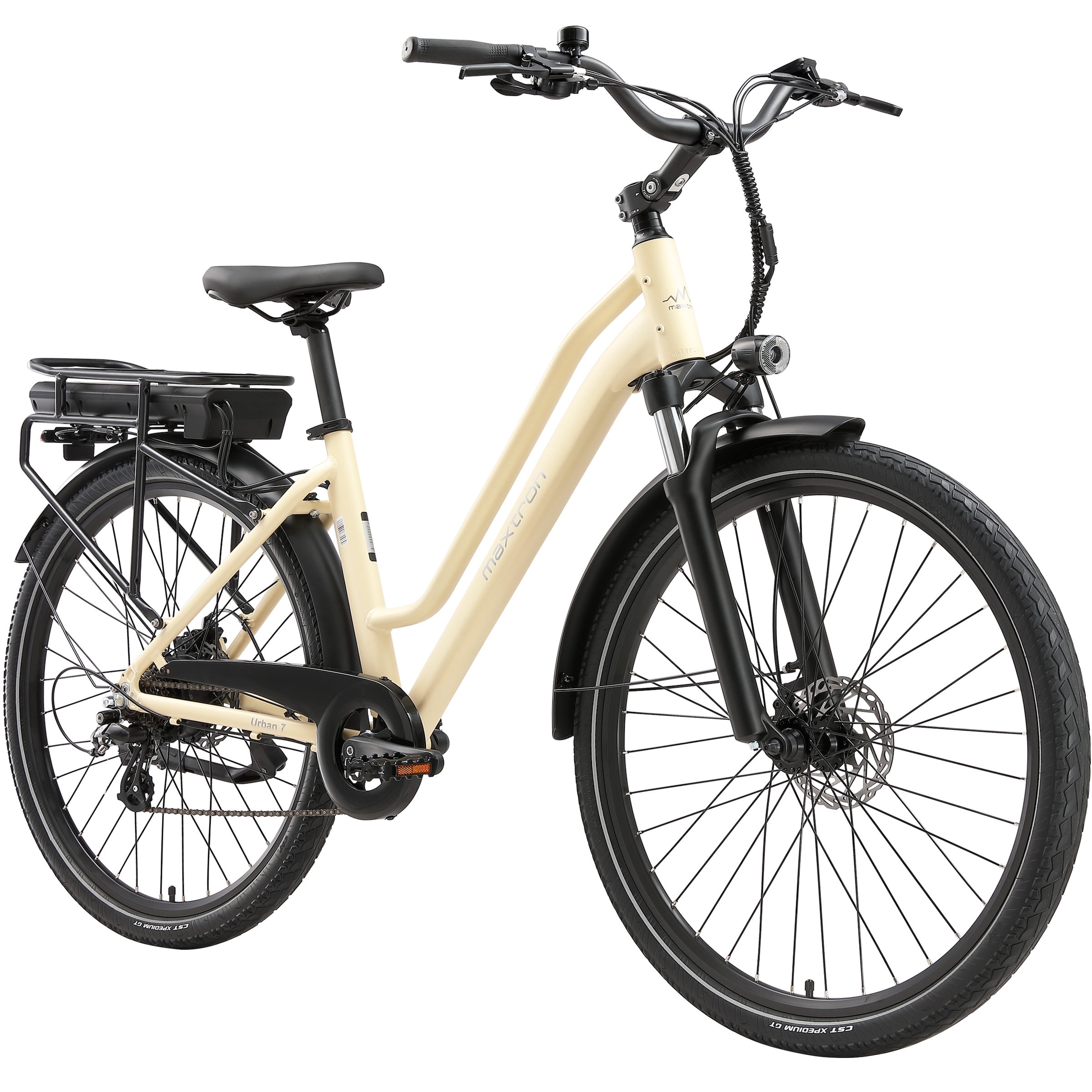 Maxtron »Maxtron Urban 7 E-Citybike 28 Zoll« 7 Gang Shimano Altus Schaltwerk Kettenschaltung Heckmotor 250 W Packung,  Tiefeinsteiger für Damen