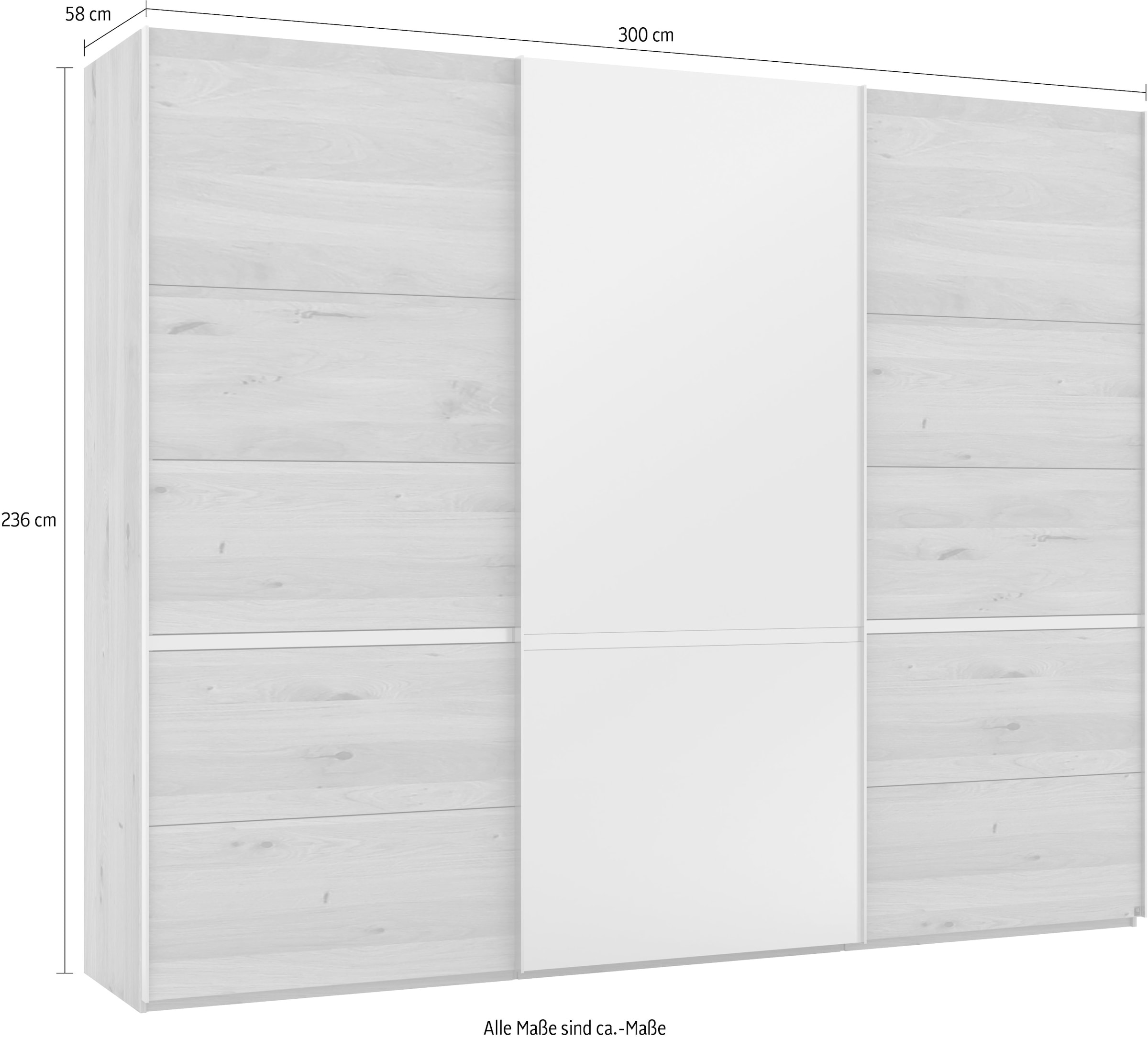 Musterring Schwebetürenschrank »Savona, Kleiderschrank, Schrank, Garderobe, mit Schiebetüren«, (Teilmassiv Bianco-Eiche, mit Spiegel oder Glas, MADE IN GERMANY), Türen Bianco-Eiche massiv, Spiegel-/Glastüren, eingelegte Chromleiste