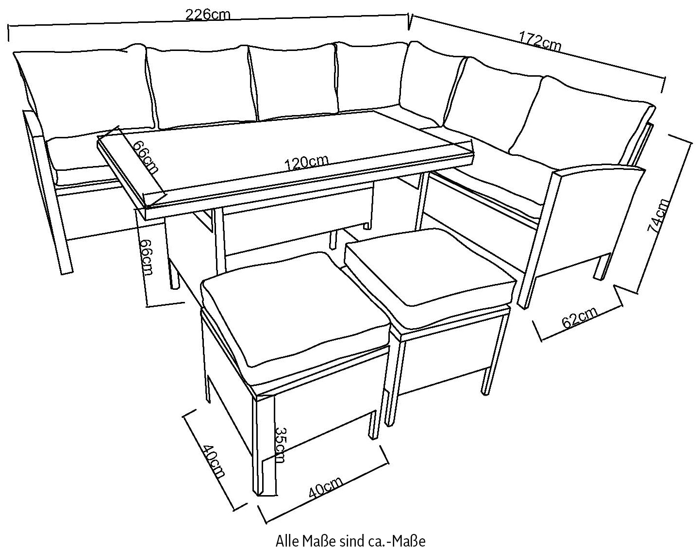 KONIFERA Gartenlounge-Set »Manhatten, Gartenmöbel Set«, (Set, 18 tlg., Ecklounge, Tisch 66x120x74 cm, 2 Hocker, inkl. Auflagen), Stahl/Polyrattan