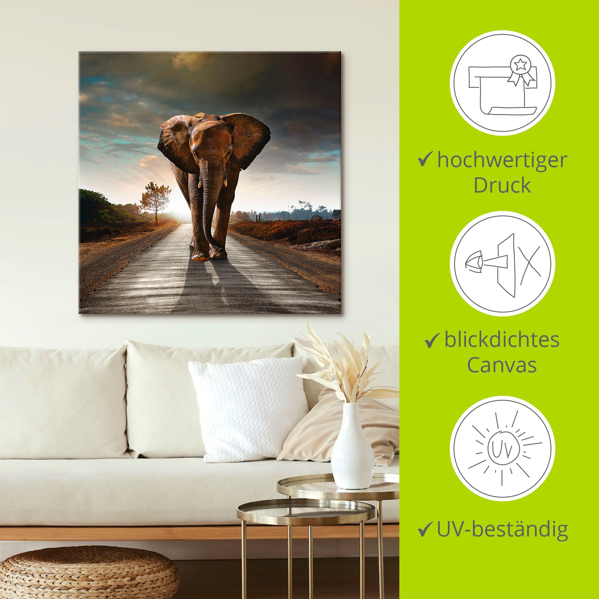 Artland Leinwandbild »Ein Elefant läuft auf der Straße«, Wildtiere, (1 St.), auf Keilrahmen gespannt