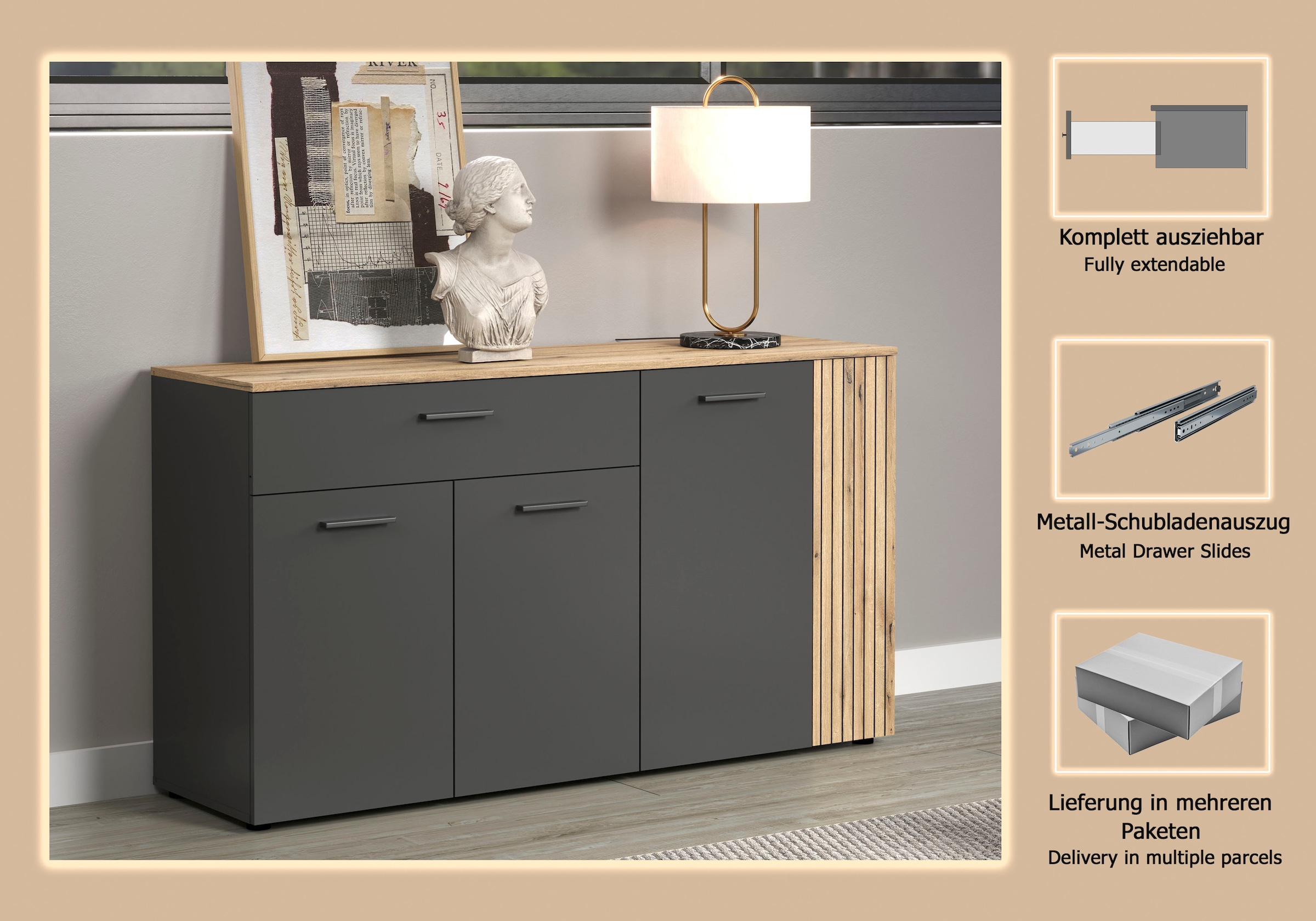 INOSIGN Sideboard »Estepona« 1 Stk. tlg. Kommode, Akustikpaneel-Look; Breite 150 cm