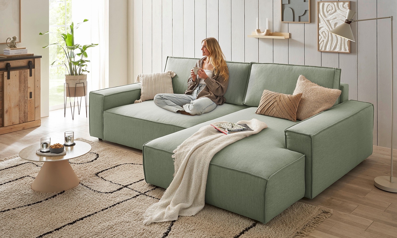 Home affaire Ecksofa »NEU: SHERWOODL XXL 284, Big-Sofa L-Form, tiefe Sitzfläche 95 cm, Cord,«, Leinenoptik, Recamiere rechts/links, auch als Schlafsofa stellbar