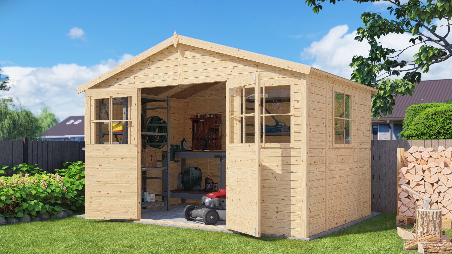 BERTILO Gartenhaus »Workshop 1 naturbelassen«, Großes Gartenhaus aus exakt vorgefertigten Elementen
