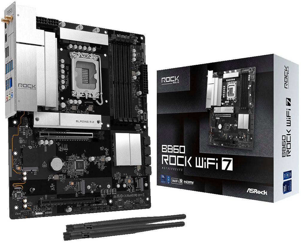 ASROCK Mainboard "B860 Rock WiFi 7", schwarz (schwarz, weiß), B:30,5cm H:7,5cm T:30,5cm, Mainboards - Einheitsgröße
