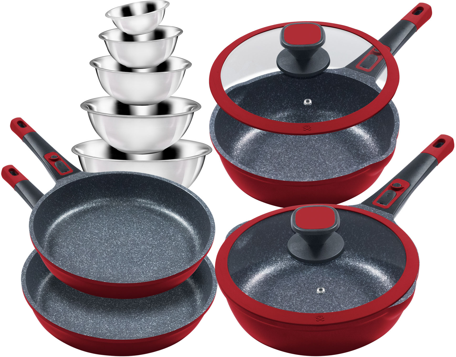 KING "Moonscape" Aluminiumguss Set, je 1 Bratpfanne Ø 24/24/28/28cm, H: 5/7,5/5,5/8,5cm, - 1,9/2,8/2,5/4 l, 11 Stk. tlg. Induktion, Moonscape-Beschichtung,inkl. 5 Schüsseln