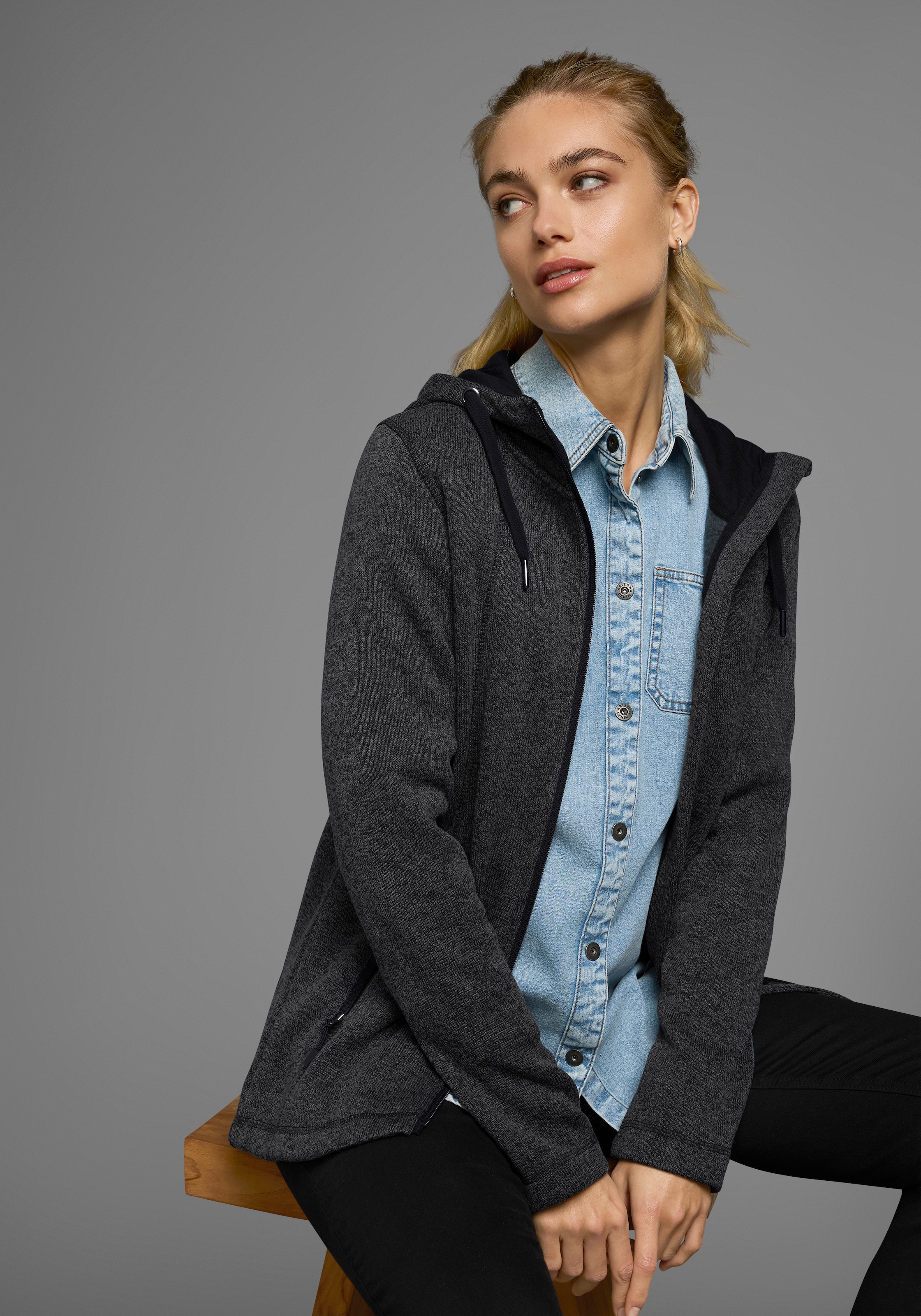 Polarino Strickfleecejacke, mit Kapuze, für kalte Tage, aus Strickfleece, sportlicher Stil