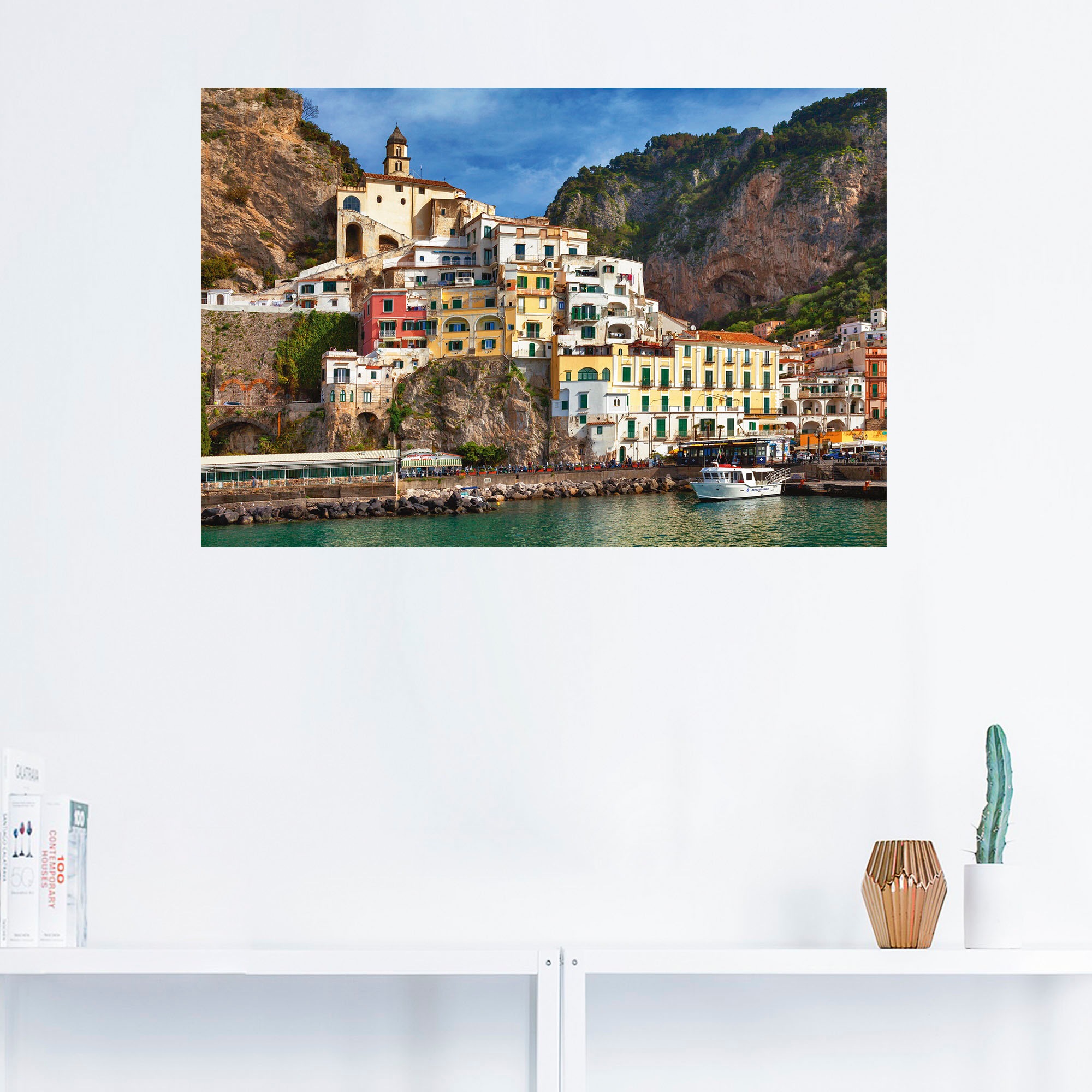 (1 Leinwandbild, Poster Italien, an | »Hafen von Wandbild Artland Amalfiküste«, Alubild, Größen in Wandaufkleber Amalfi BAUR als Black der Friday St.), oder versch.