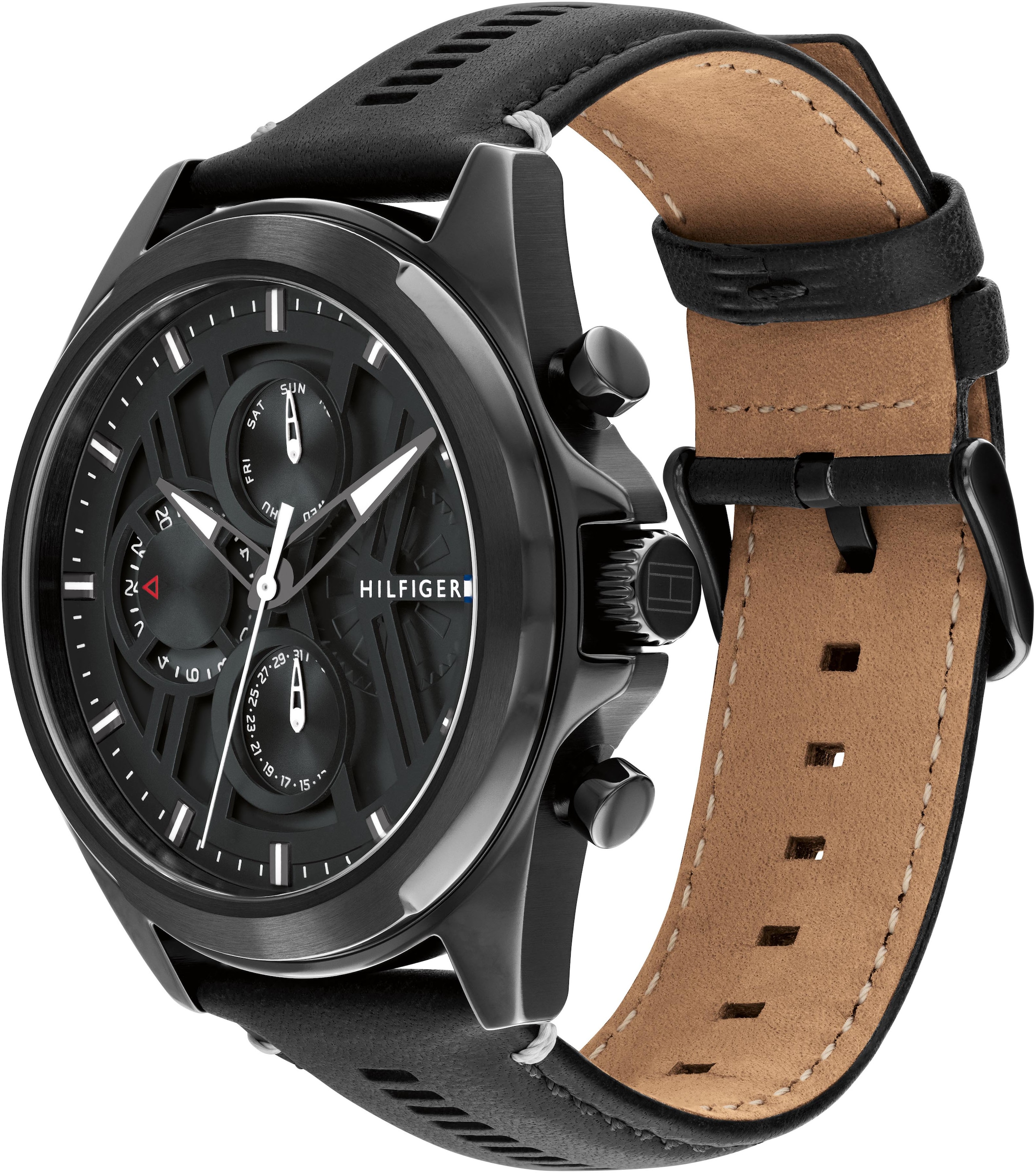 Tommy Hilfiger Multifunktionsuhr »JAX«, Quarzuhr, Armbanduhr, Herrenuhr, Lederarmband, analog, Tag, Wochentag
