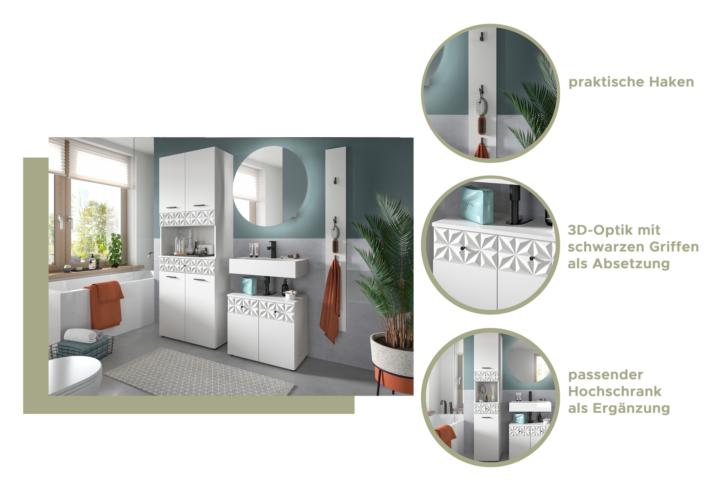 Thumbnail - welltime Badezimmer-Set "VICENZA, TOPSELLER, Breite 176cm, 4-teilig, mit Ornamentabsetzung" Hochschrank, Waschbeckenunte...