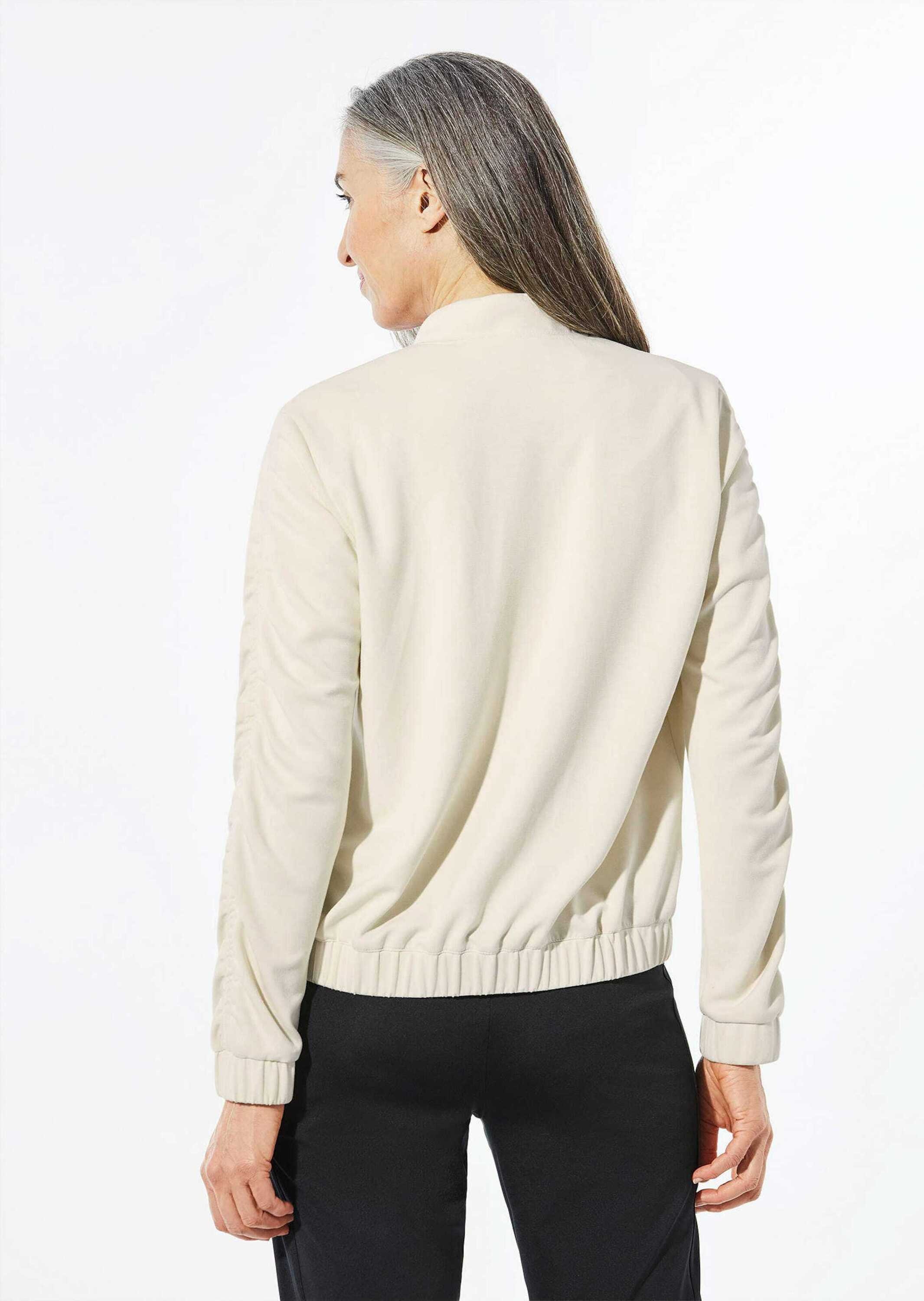 Kurzjacke GOLDNER "Blouson mit klassischen Details", Damen, Gr. 42, beige (stein), Obermaterial: 50% Polyamid PA. 45% Viskose CV. 5% Elasthan EL., Gummibündchen, Jacken Kurzjacke, Zierraffung an Ärmelmitte 3