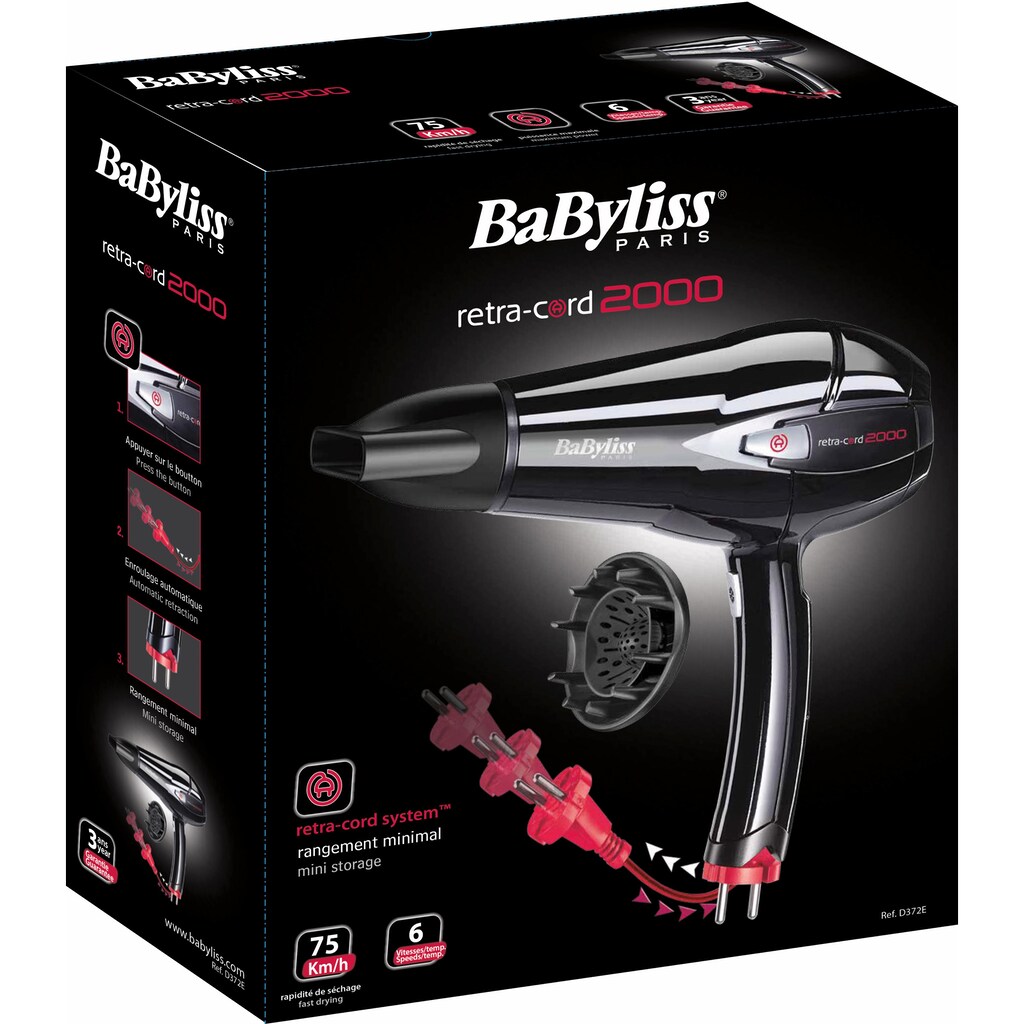 BaByliss Haartrockner »D372E«, 2000 W, 2 Aufsätze, Kabelaufwicklung per Knopfdruck