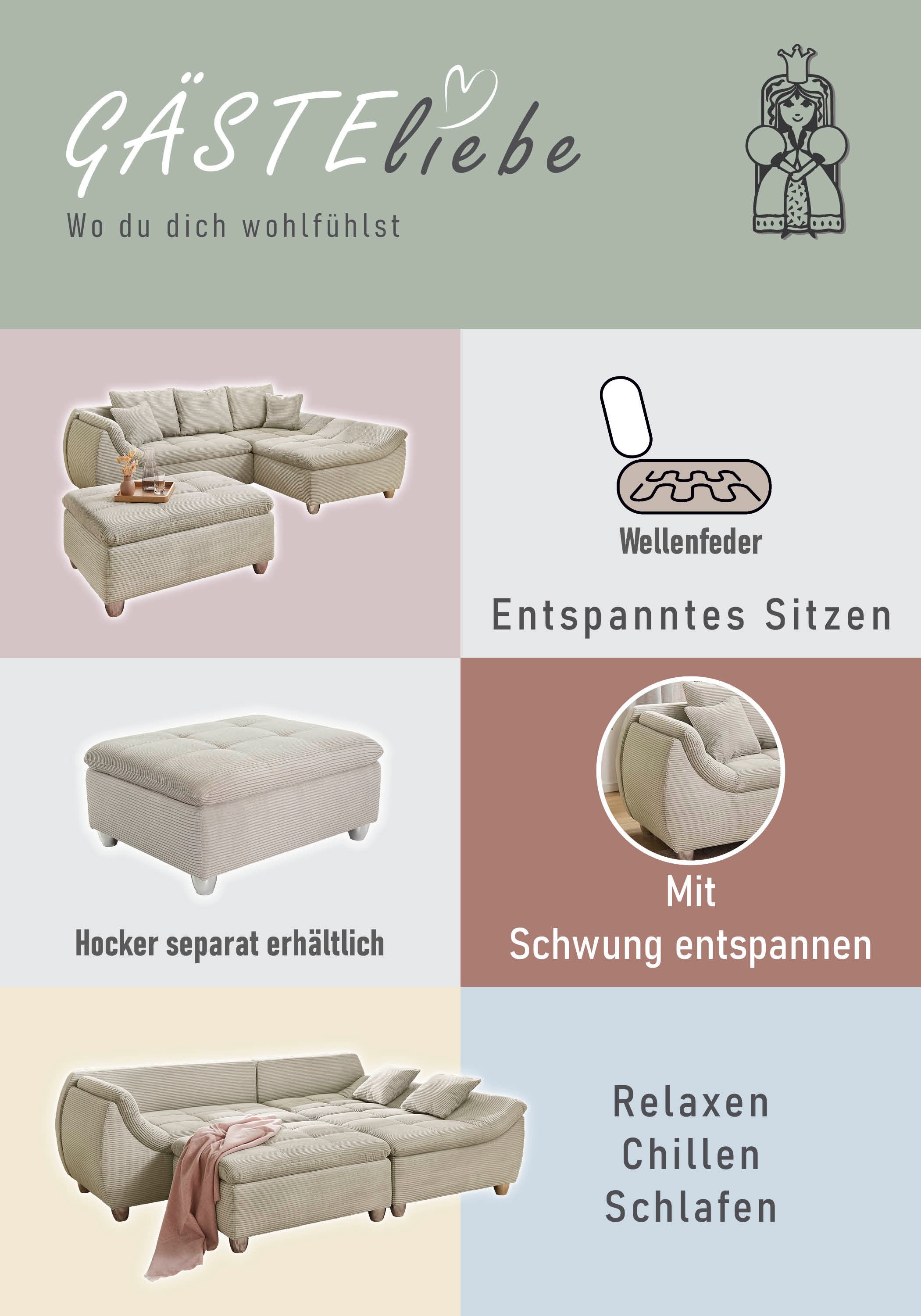 Thumbnail - Jockenhöfer Gruppe Ecksofa "Genua L-Form", Ottomane links oder rechts montierbar, 3 lose Rücken- und 2 Zierkissen