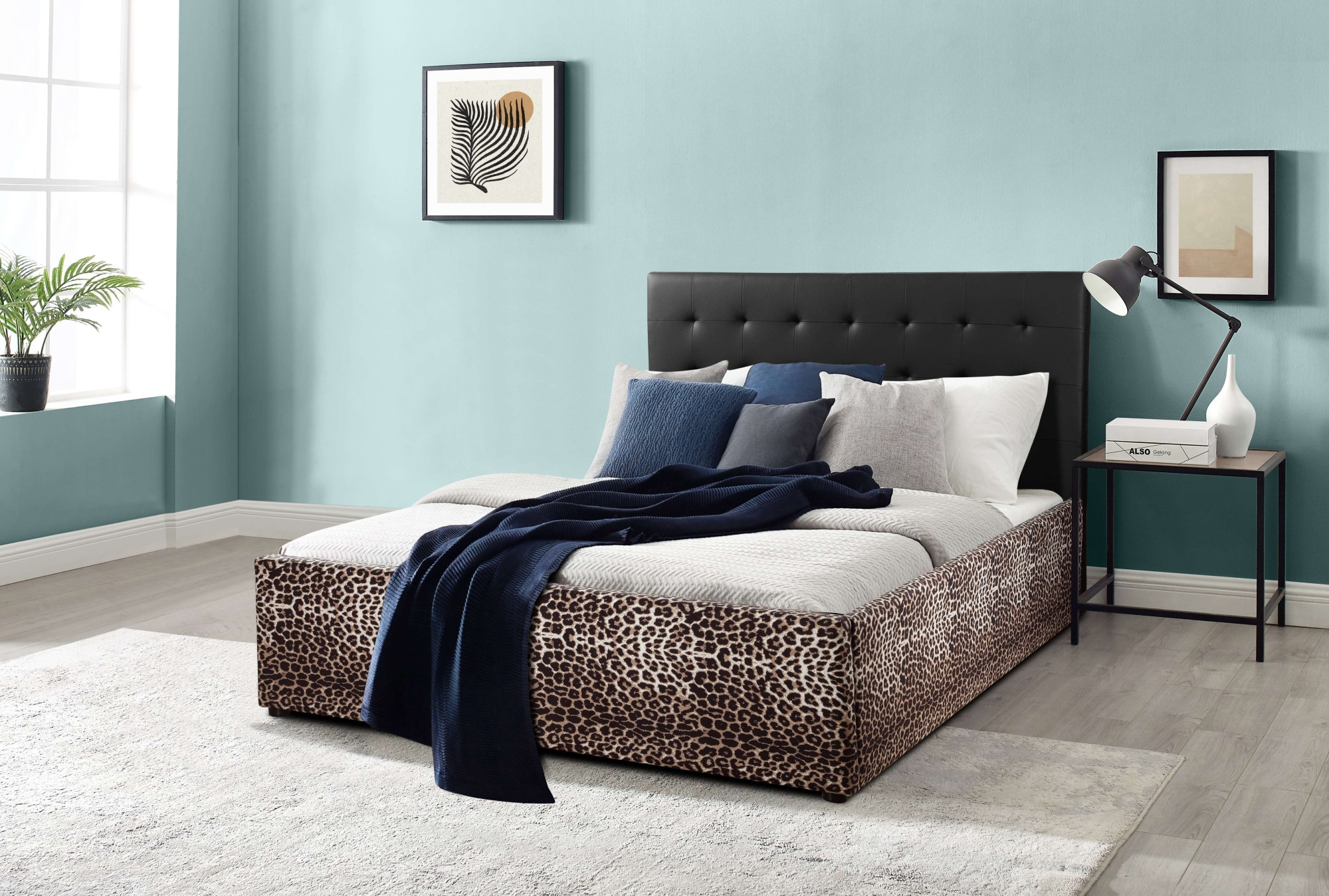 Home affaire Polsterbett »Hamar-Leo, Jugendbett, Kunstleder mit Veloursstoff«, (Liegefläche 140 cm x 200 cm, Belastbarkeit 250 KG), Leoparden-Optik, stylisches Design, hohe Belastbarkeit!