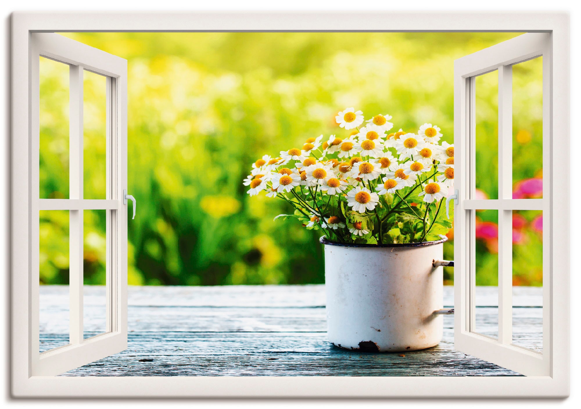 Artland Wandbild »Fensterblick Garten mit Gänseblümchen«, oder | versch. St.), Poster (1 Wandaufkleber BAUR als Größen in Alubild, bestellen Blumen, Leinwandbild