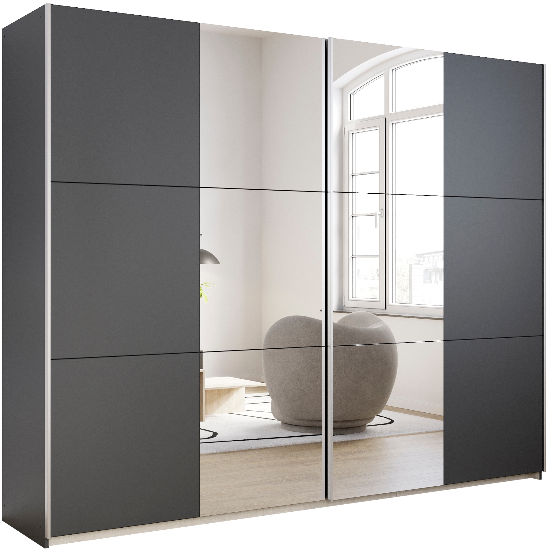 rauch Schwebetürenschrank "Kleiderschrank Drehtürenschrank Schrank Garderobe KRONACH" in 3 Ausstattungen BASIC/CLASSIC/PREMIUM, Breiten 131/175/218/261 cm, optional ohne, mit 1 oder 2 Spiegel, viel Stauraum MADE IN GERMANY