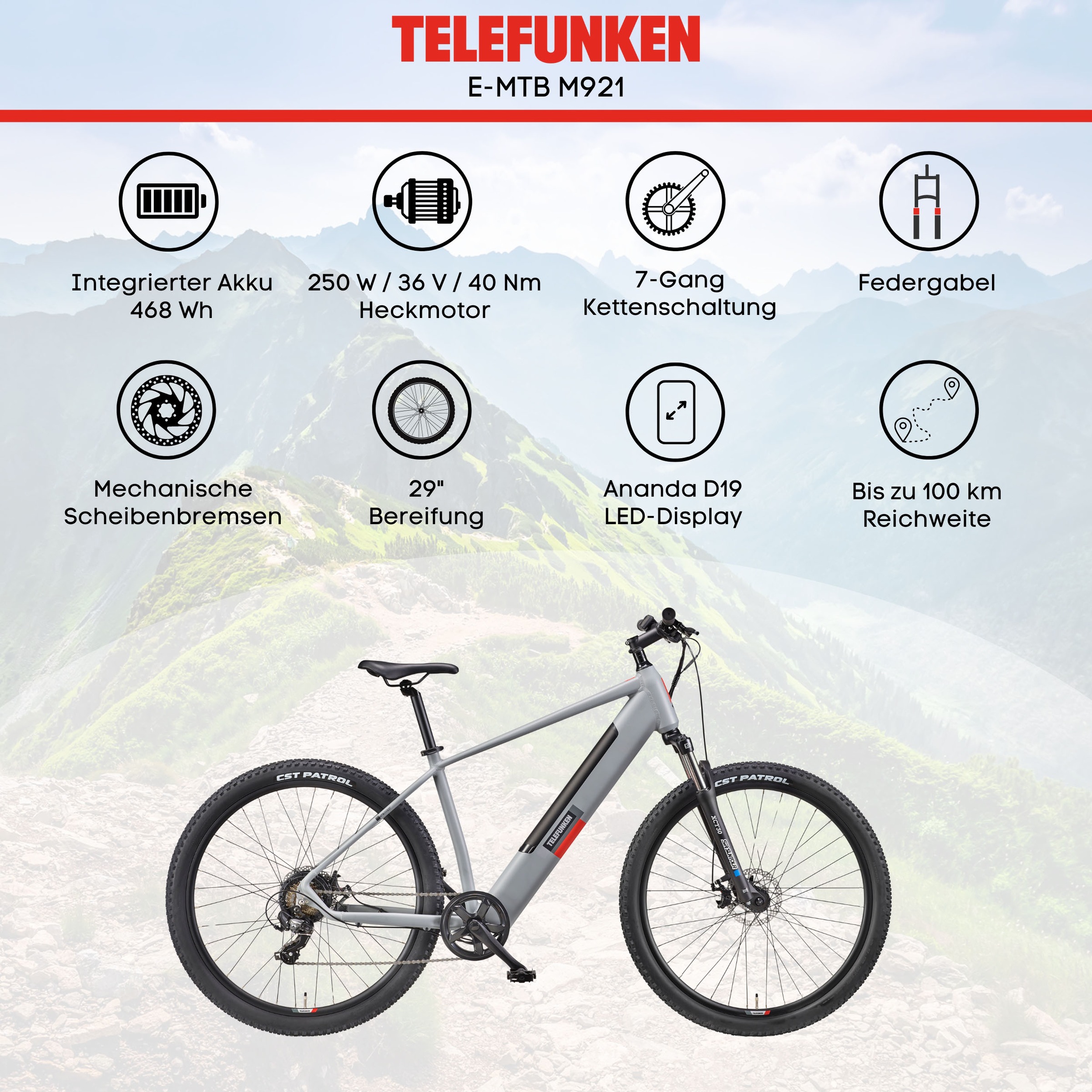 Telefunken E-Bike »Aufsteiger M921«, 7 Gang, Shimano, Heckmotor 250 W, (29 Zoll, Scheibenbremsen), Pedelec, Elektrofahrrad für Damen u. Herren, MTB, Mountainbike