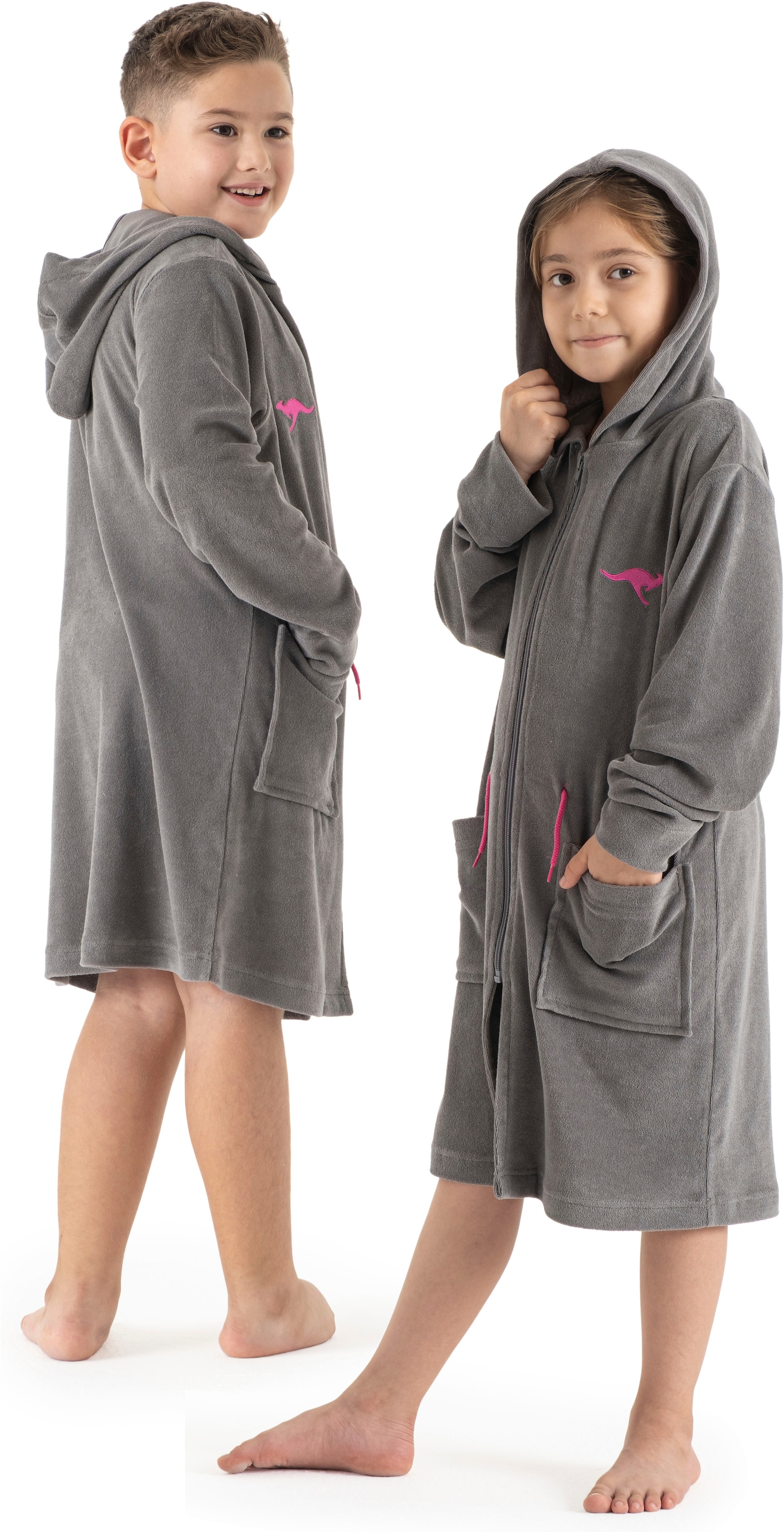 Kinderbademantel KANGAROOS, grau, Leichtfrottier, Hausmäntel, "Kira, Ideal für Zuhause, Schwimmbad oder im Urlaub", modernen, sportliches Design,