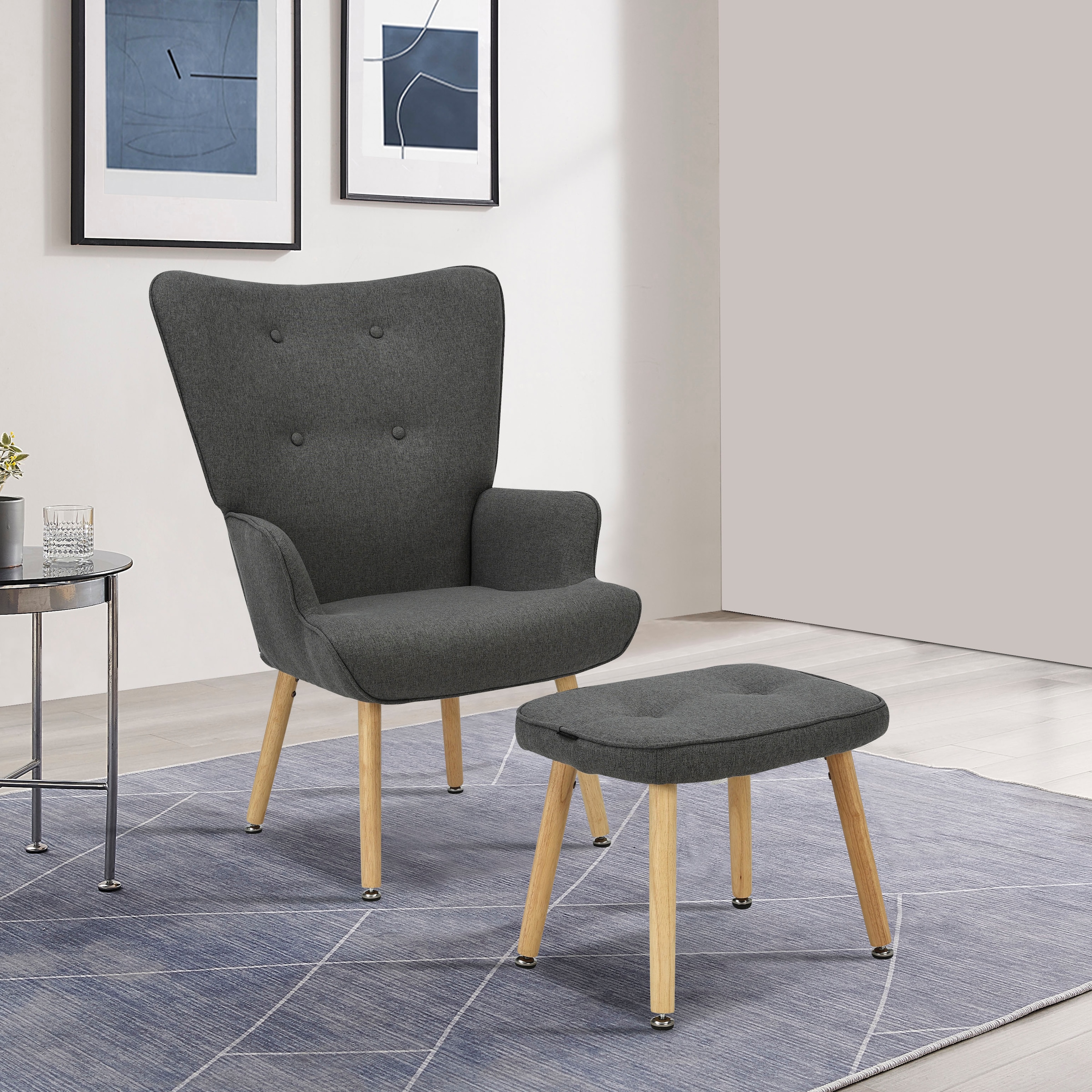 INOSIGN Ohrensessel »PERHAM, Sessel mit Hocker im Set, Knopfheftung, Massivholz-Füße,«, komfortabler Relaxsessel und Sitz-Hocker mit Strukturbezug