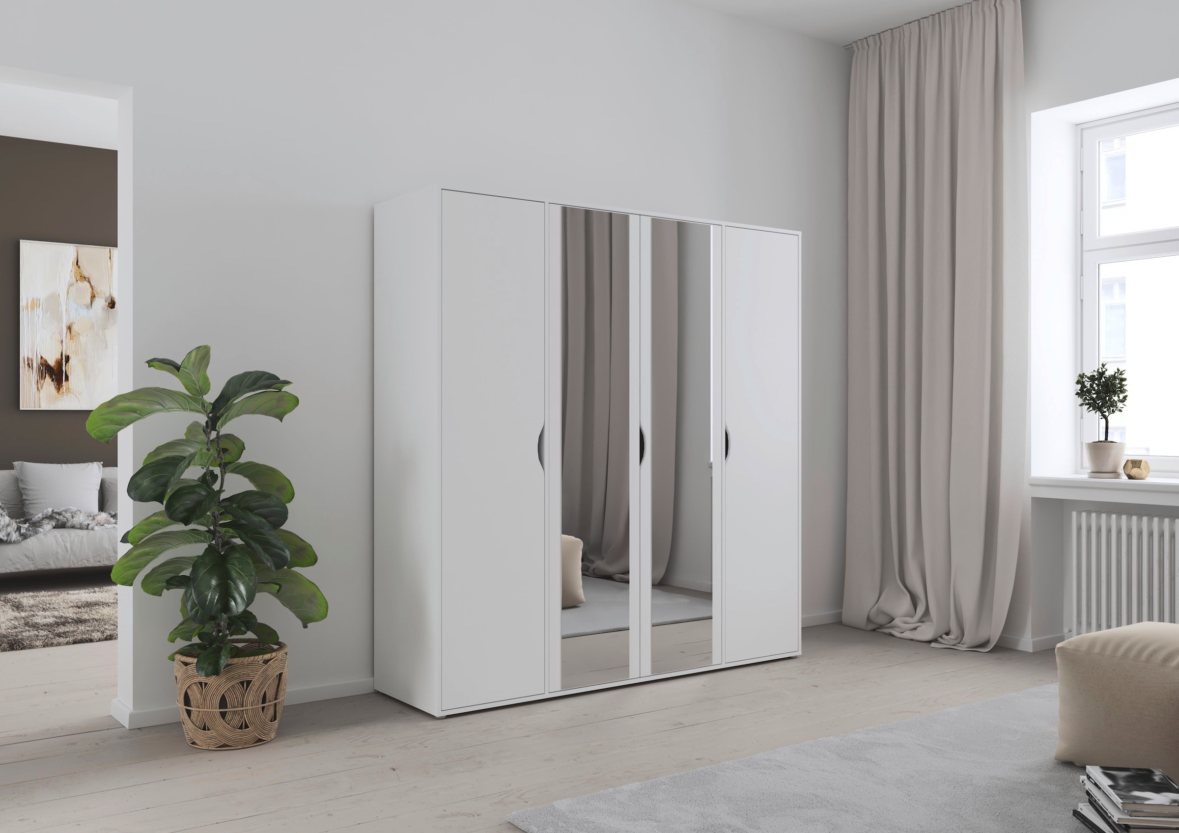 rauch Drehtürenschrank »Kleiderschrank Schrank Garderobe Wäscheschrank NARAI mit Spiegel«, (in 3 verschiedenen Ausstattungen BASIC/CLASSIC/PREMIUM), Griffausfräsungen für eine grifflose Optik TOPSELLER MADE IN GERMANY
