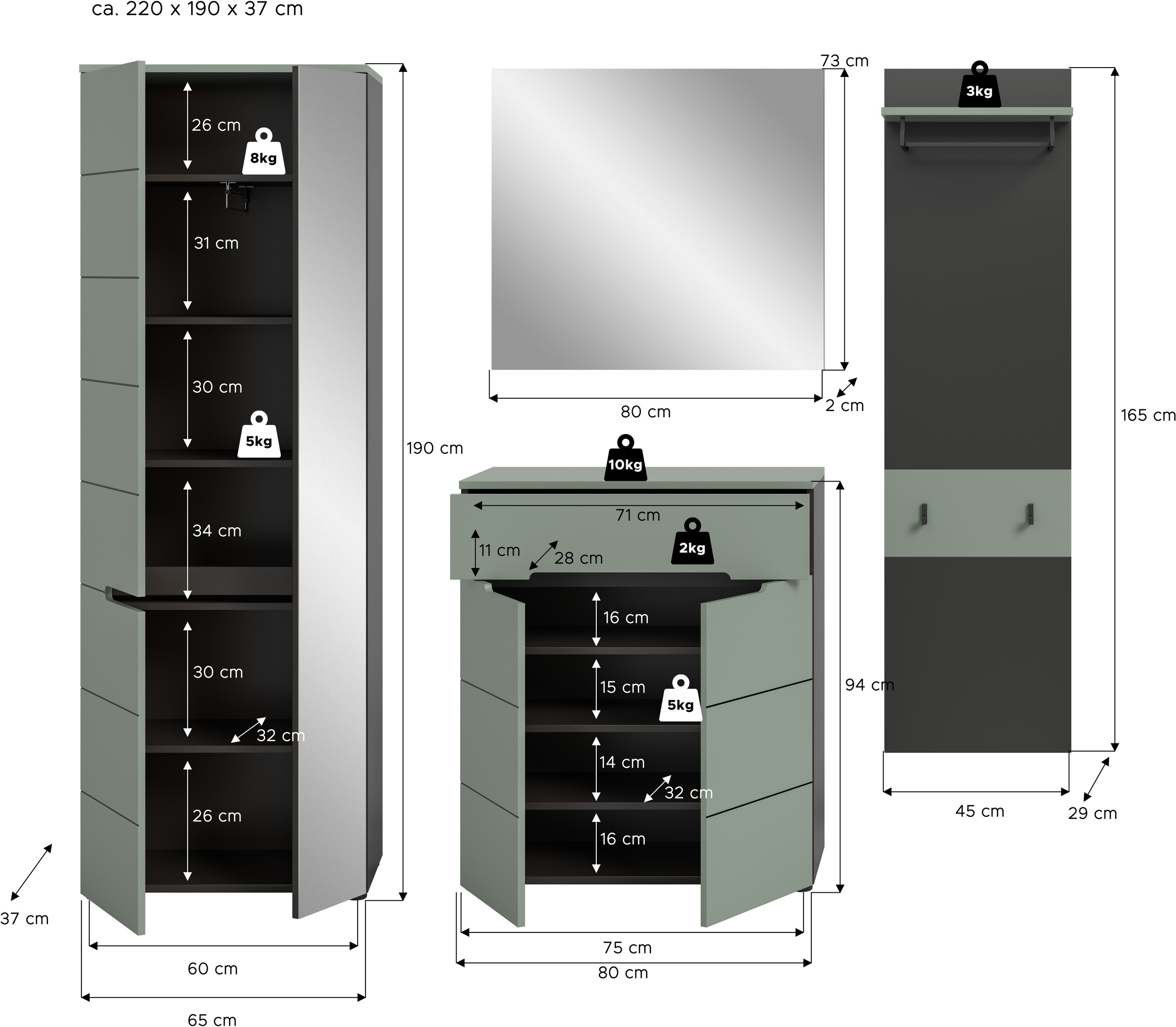 INOSIGN Garderoben-Set, (Set, 4 St., bestehend aus: Garderobenschrank, Kommode, Spiegel & Garderobenpaneel), Garderobenkombination, Kombination, Set, Flurgarderobe, Diele