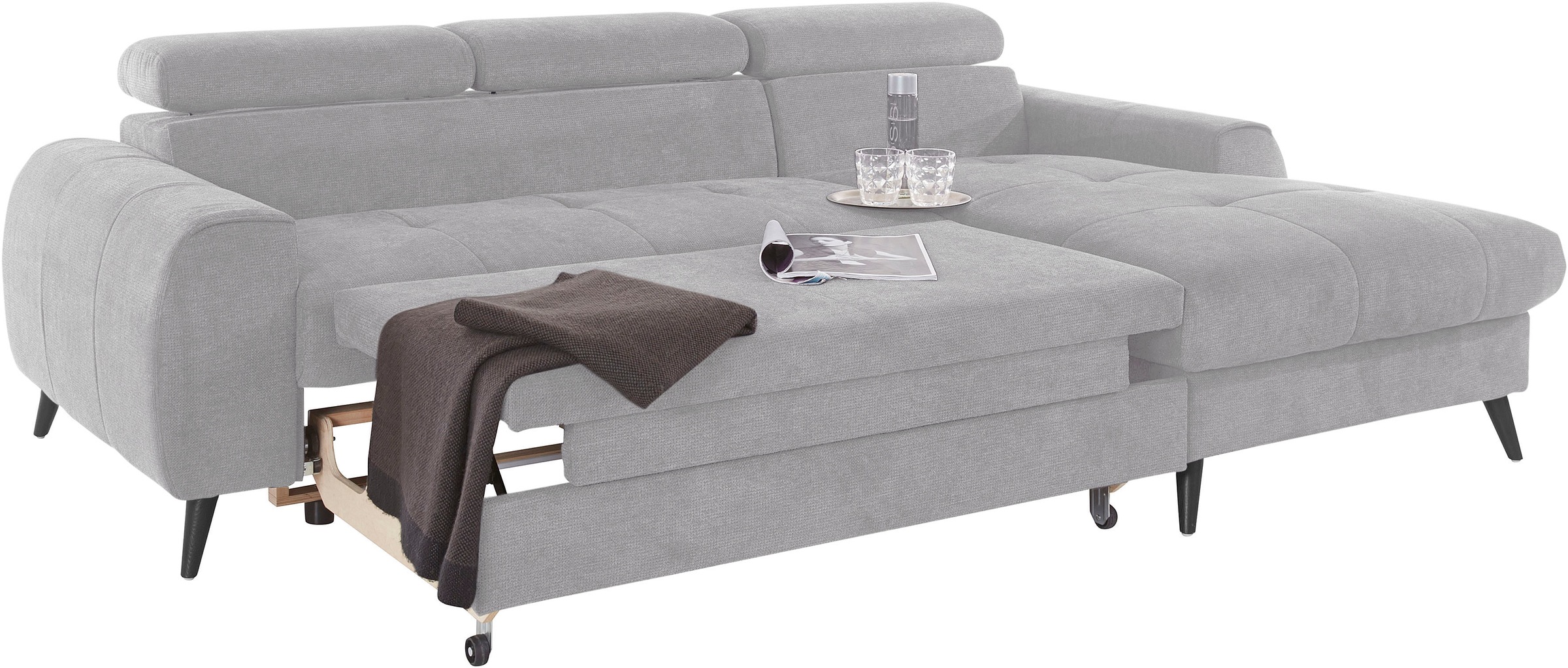 COTTA Ecksofa »Mia L-Form mit 3 Zierkissen«, wahlweise mit Bettfunktion, Bettkasten, Beleuchtung & Wireless-Charger
