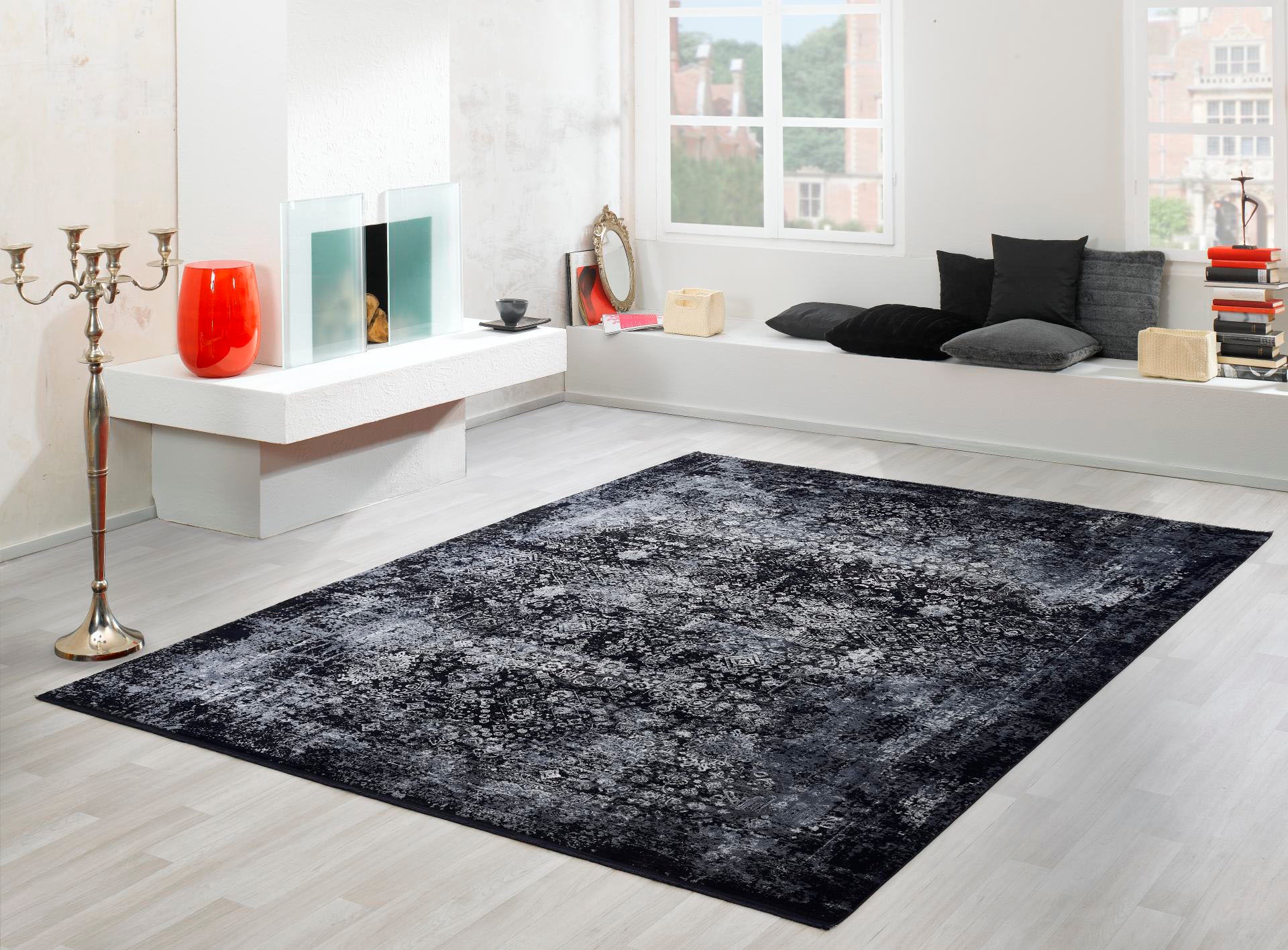 Teppich OCI DIE TEPPICHMARKE "BESTELLER MAGIC", schwarz (schwarz, grau), B:80cm H:8mm L:150cm, Viskose, Teppiche, Teppich, Glanz Viskose, mit Fransen, Hoch Tief Struktur, Vintage, Wohnzimmer