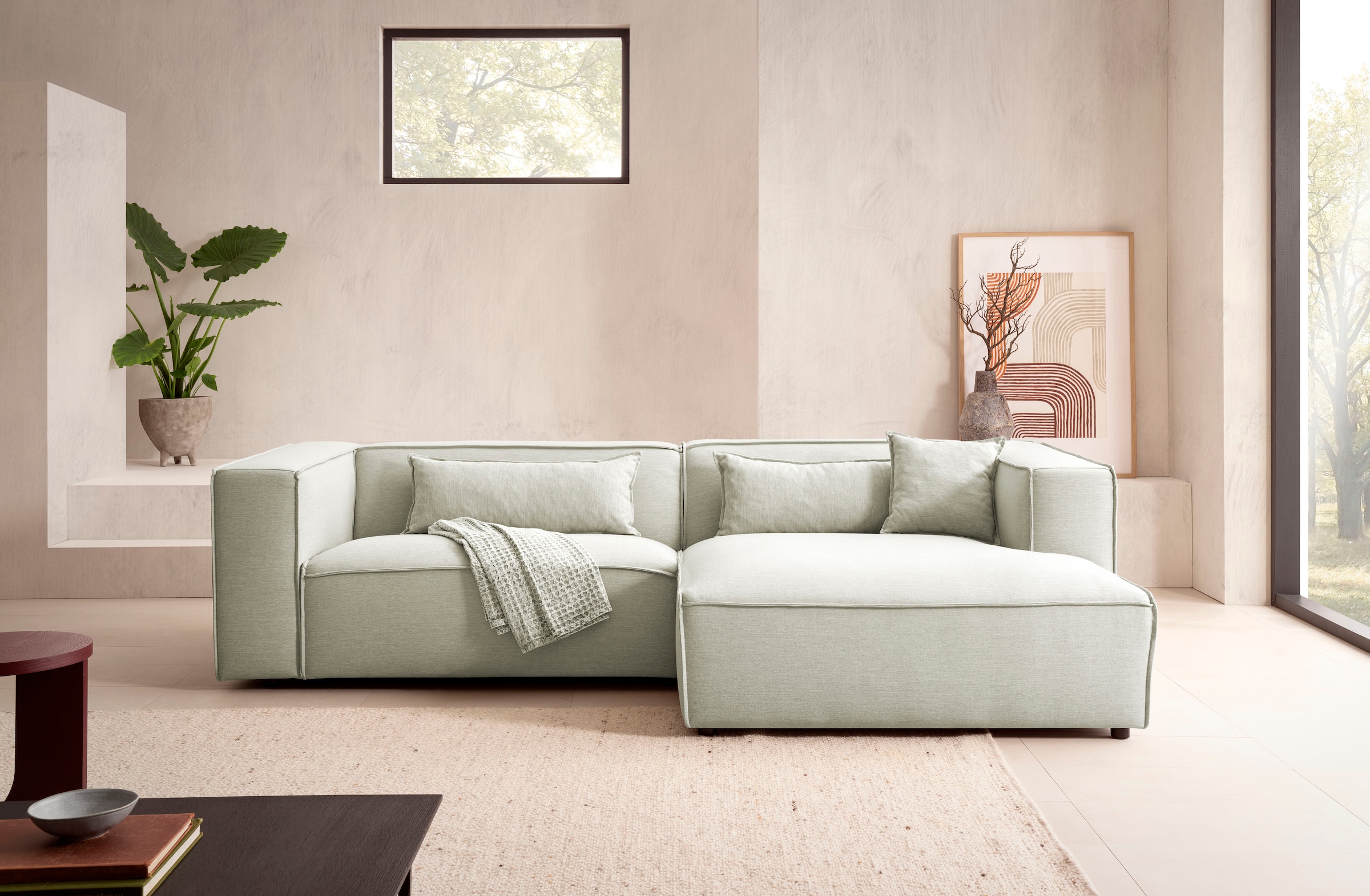 LeGer Home by Lena Gercke Ecksofa »PIARA mit Kedernaht in Cord oder Leinenoptik, moderne Couch in L-Form«, wahlweise Ottomane rechts/links, schwarze Füße, bequemer Sitzkomfort