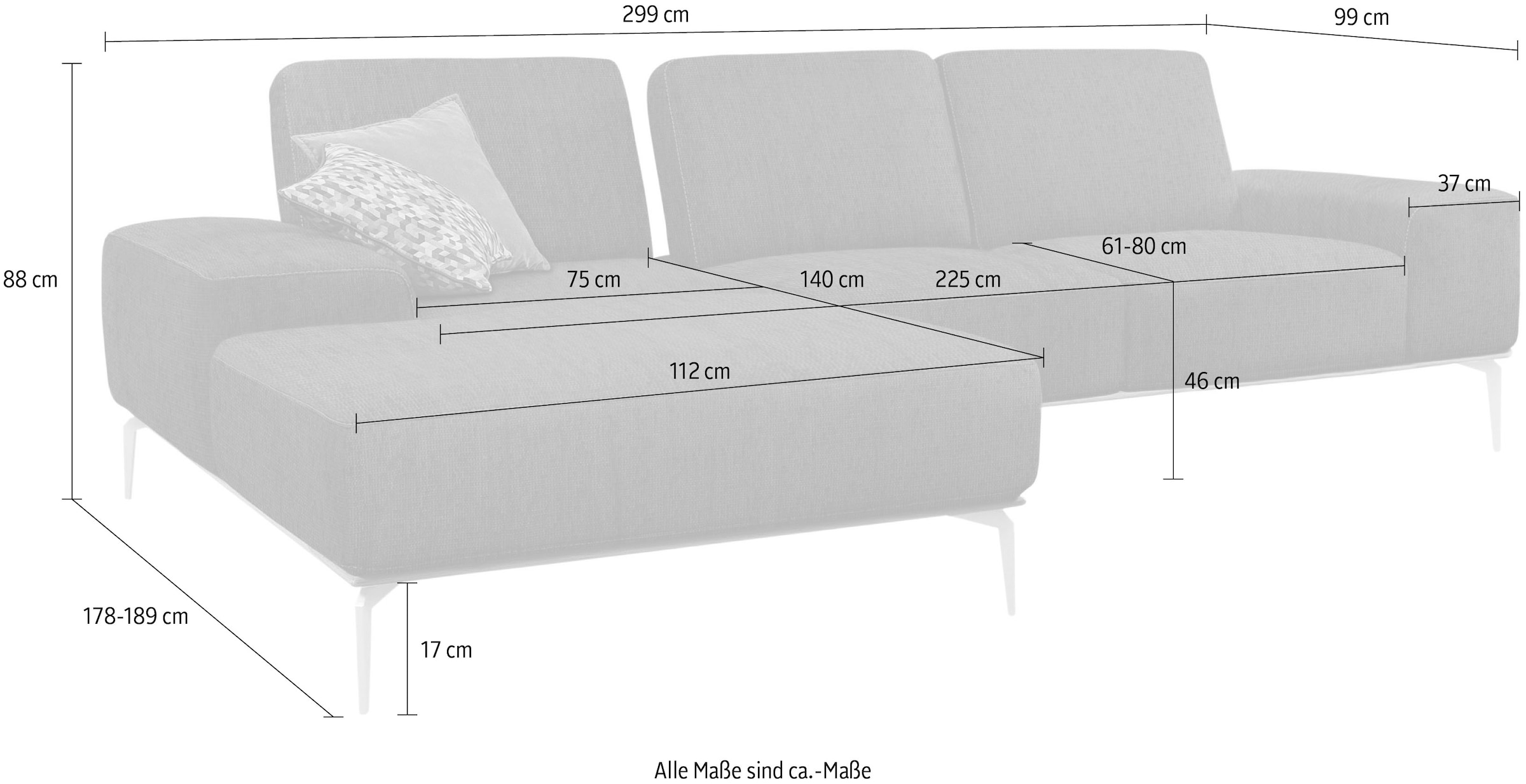 W.SCHILLIG Ecksofa »run, Designsofa mit tollem Sitzkomfort, bequem, L-Form«, mit elegantem Holzsockel, Füße in Silber matt, Breite 299 cm