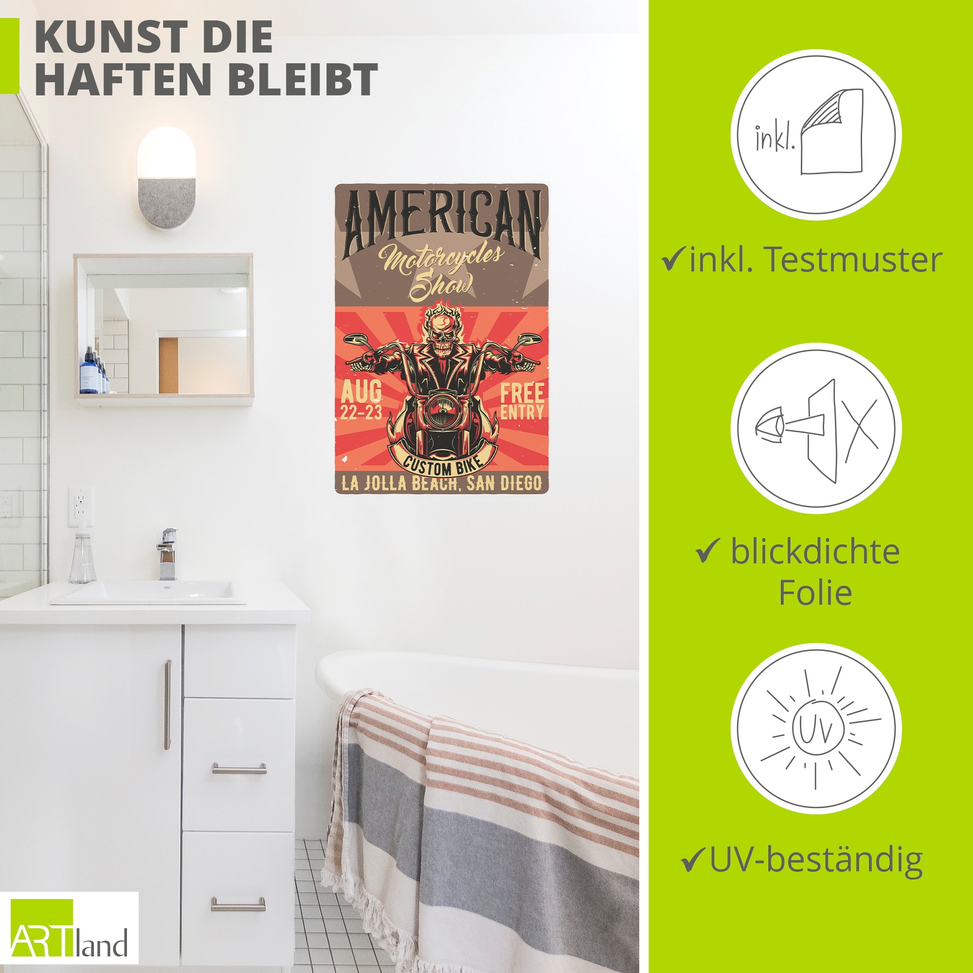 Artland Wandbild »Totenkopf Motorradfahrer San Diego« 1 Stk. tlg. als Alubild, Leinwandbild, Poster, Wandaufkleber in verschied. Größen