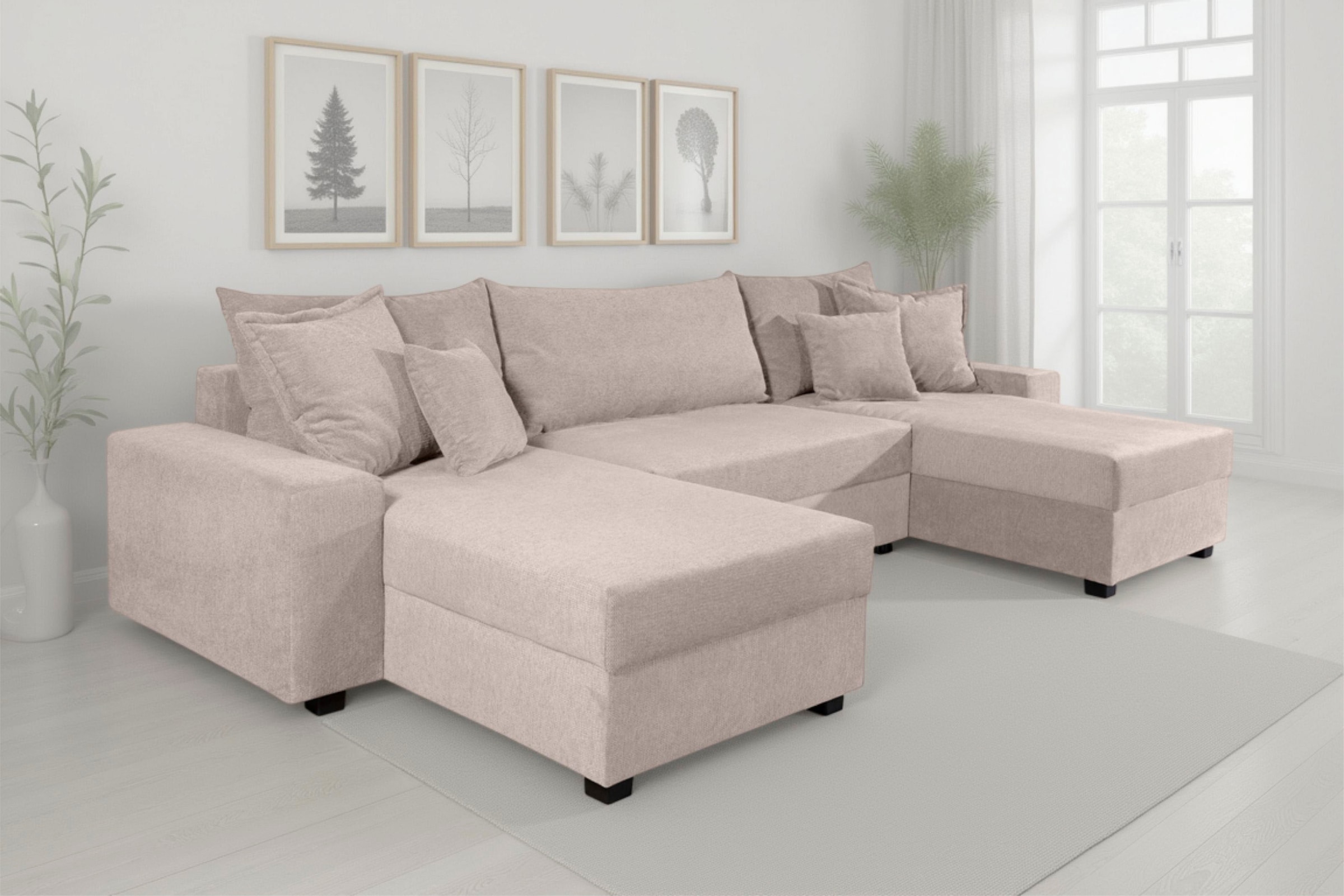 OTTO home Wohnlandschaft "Alexa U-Form, B: 313 cm, inkl. Schlaffunktion" inkl. Bettkasten, 4 Zierkissen, XXL Liegefläche 268x137cm, Federkern