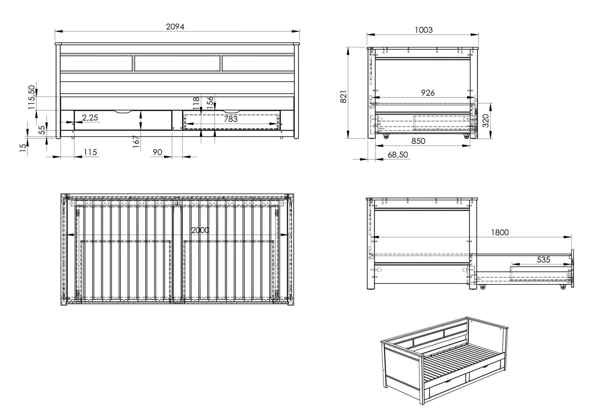 Home affaire Ausziehbett »Leorben, OTTOs Choice, Daybed, Jugendbett, Landhausstil, Massivholz«, (B/H/T ca. Liegefläche von 90cm auf 180cm ausziehbar 100x82x210cm), Liegefläche ausziehbar, 2 Schubladen, inkl. Lattenroste, Stauraumbett