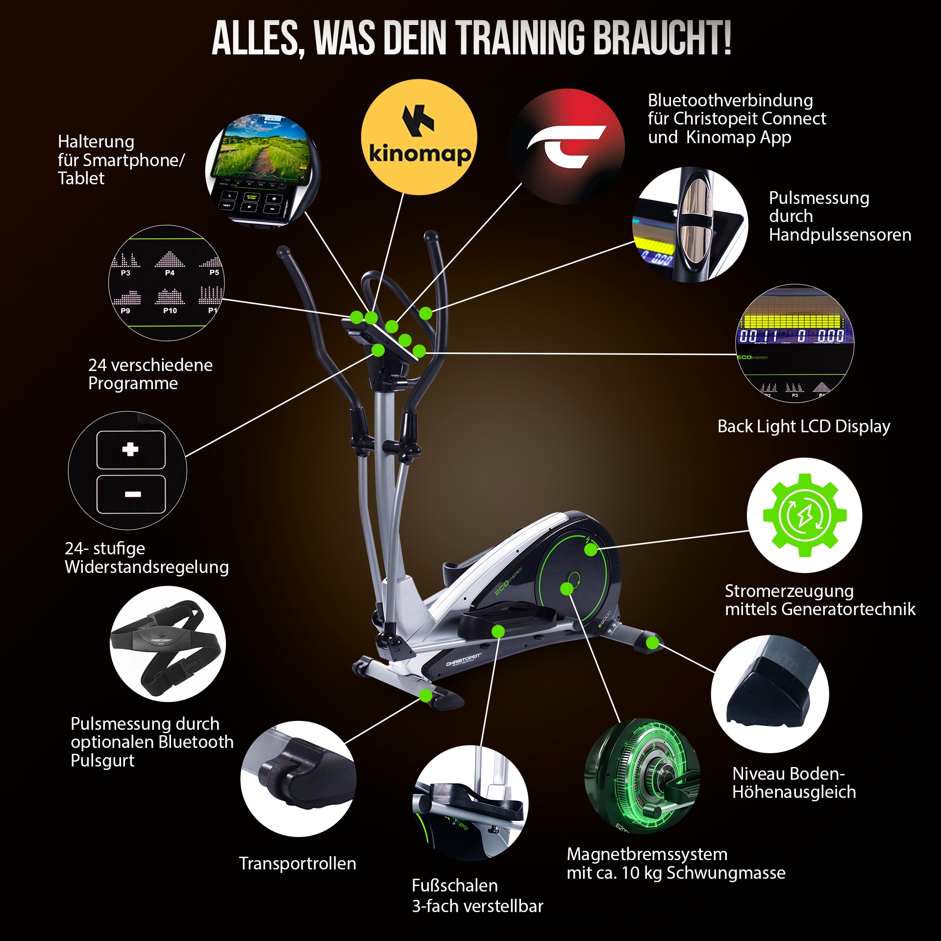 Christopeit Sport® Crosstrainer-Ergometer »Eco 2000"« 150 kg max. Benutzergewicht, 24 Widerstandsstufen