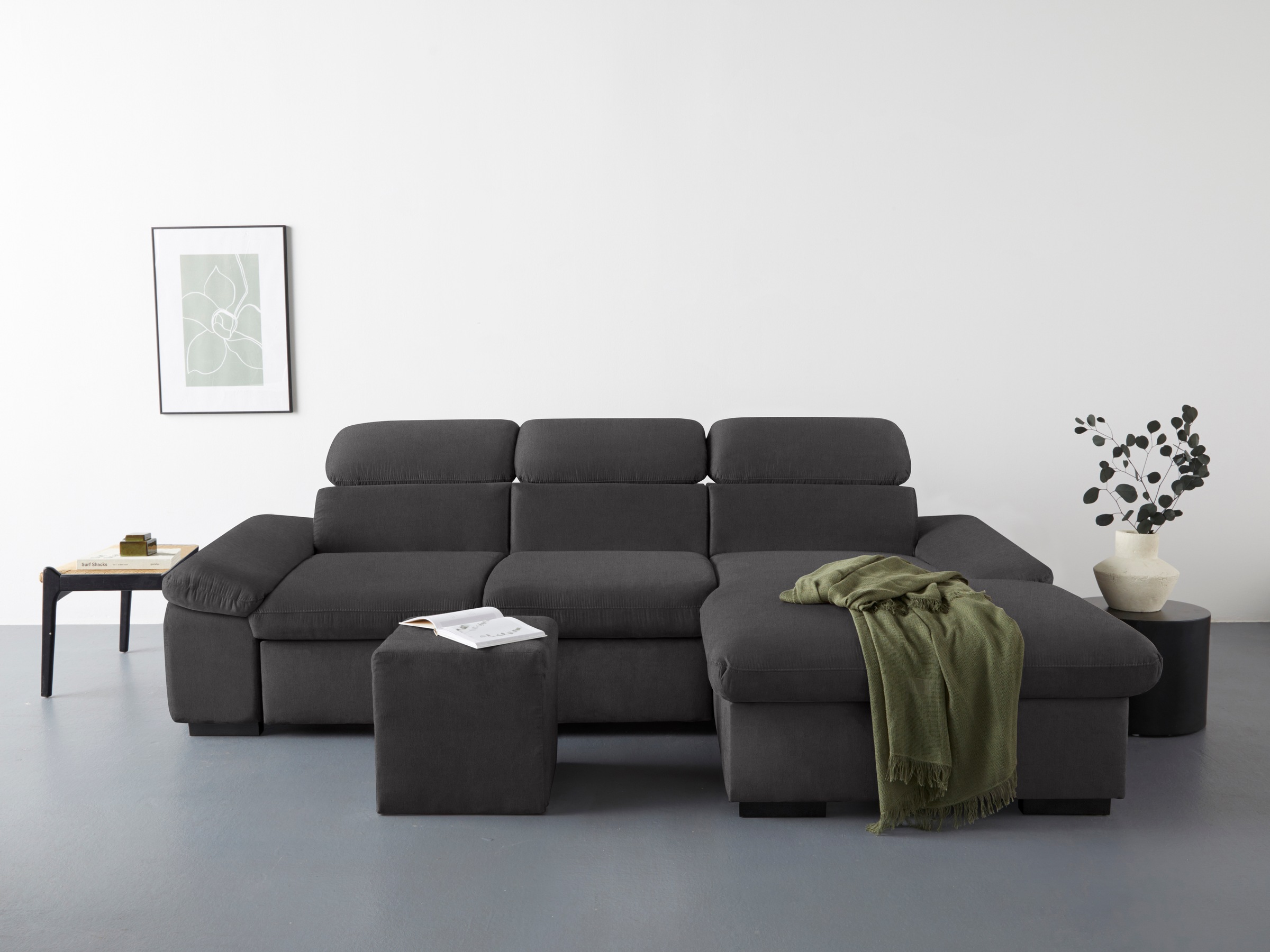 COTTA Ecksofa »Lola L-Form mit Kopfteilfunktion & Hocker«, (Set, mit Hocker), wahlweise mit Bettfunktion, Bettkasten & Armteilverstellung
