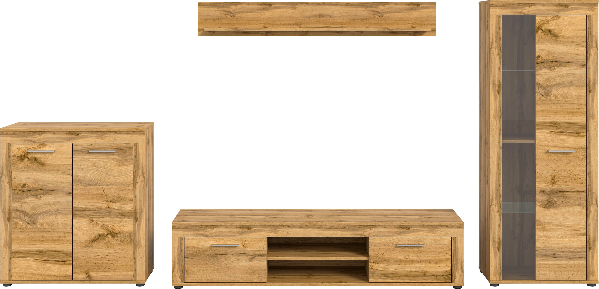 INOSIGN Wohnwand »Aosta, Breite 330cm, best. aus Highboard, Lowboard, Wandboard, Vitrine«, (4 St.), Wohnwand, Kombination, Anbauwand, Möbel Set, Schrankwand, Möbel Kombi