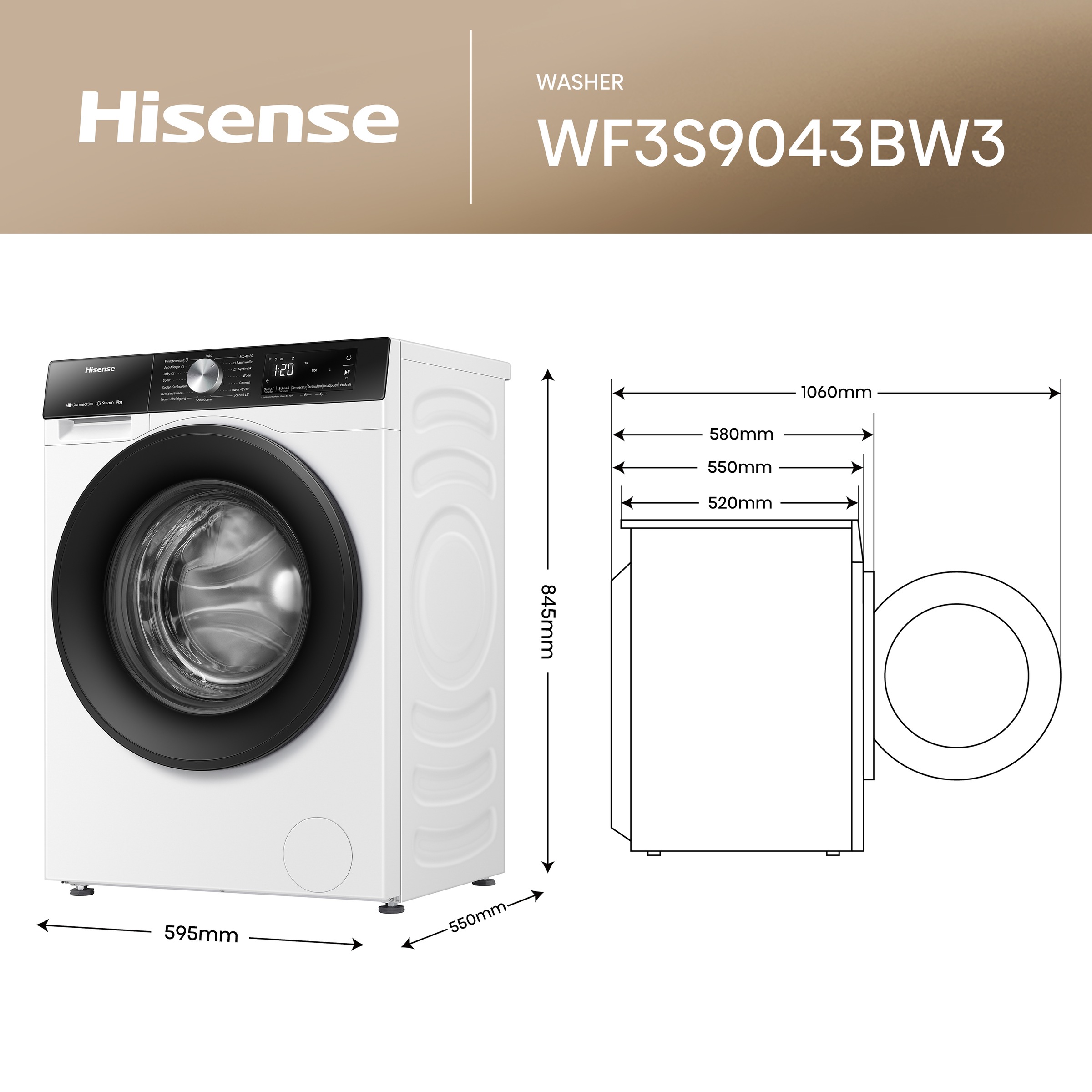 Hisense Waschmaschine »WF3S9043BW3«, 9 kg, 1400 U/min, Wifi-ConnectLife