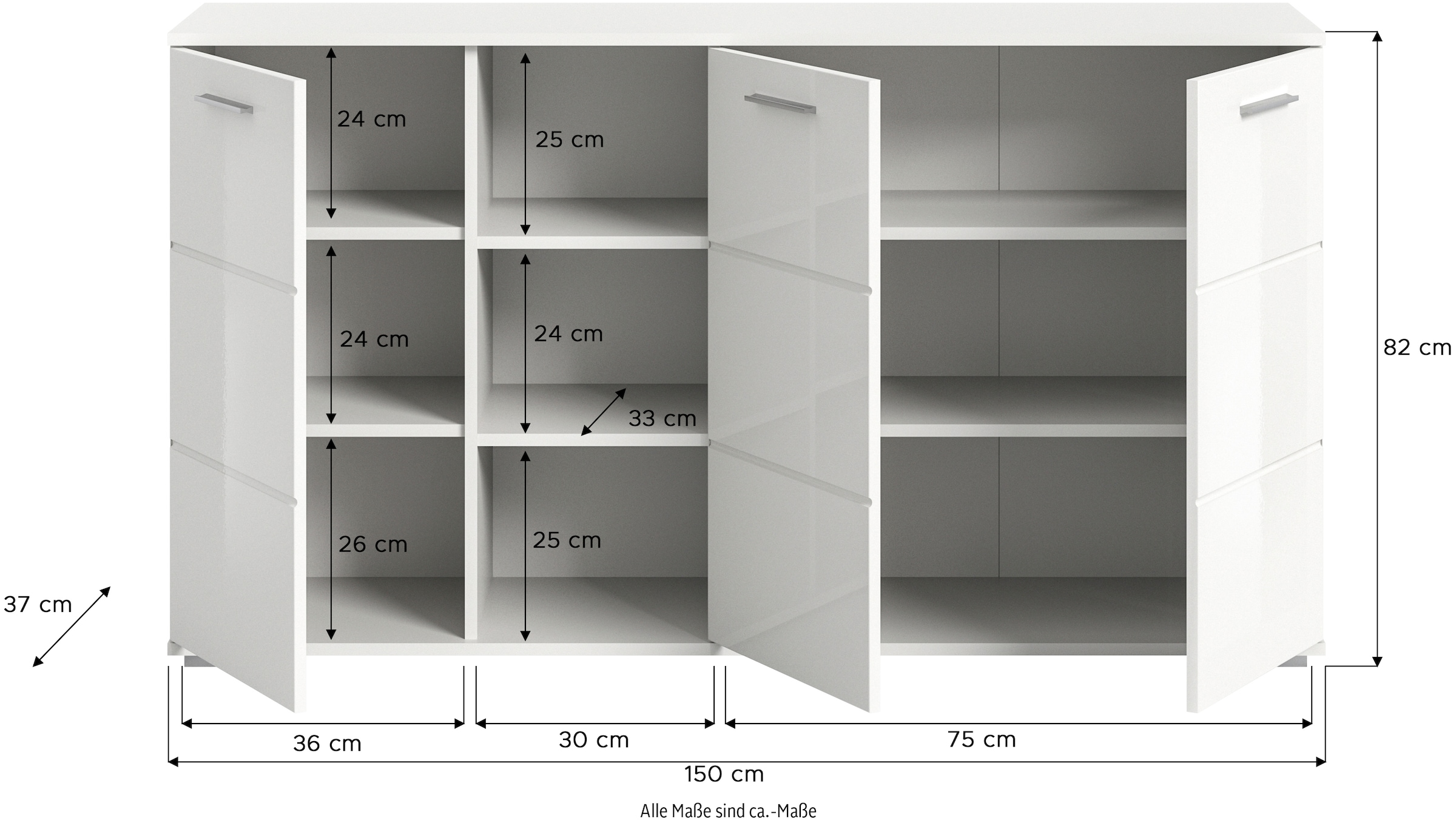 INOSIGN Sideboard »Valge, Breite 150 cm, 3 Türen, 4 verstellbare Böden, 3 offene Fächer«, Front-Rillenfräsung, Schuhkommode, Anrichte, Schrank, Kommode