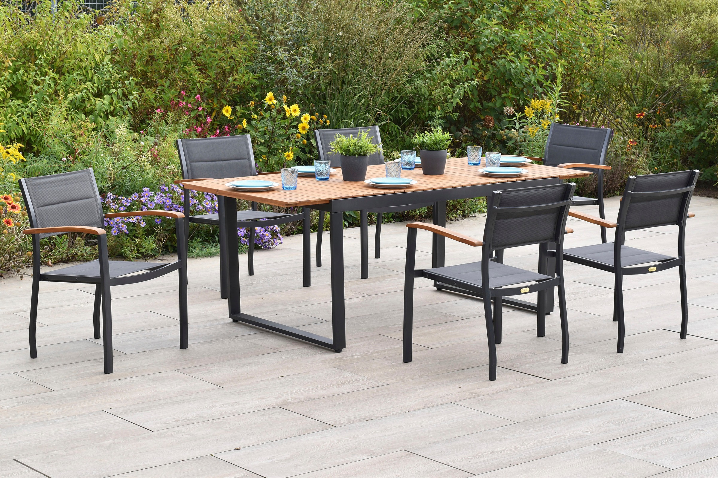 MERXX Garten-Essgruppe »Paxos« Set, 7 tlg. inkl. 6 Stapelsessel, 1 Ausziehtisch