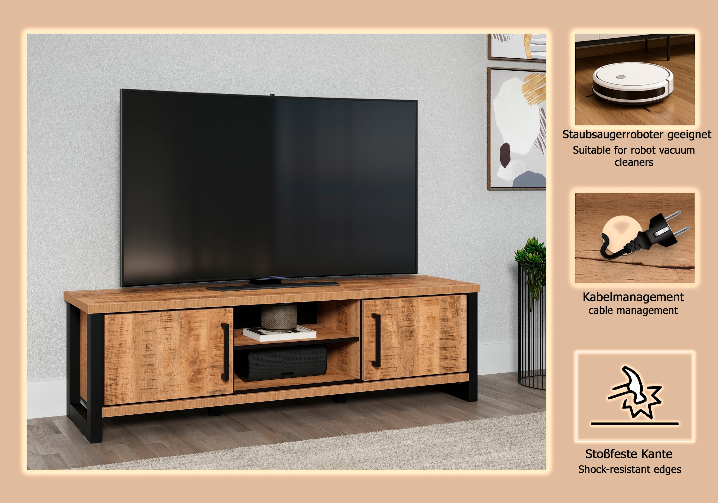 Home affaire Lowboard »Elda« 1 Stk. tlg. TV Lowboard mit 2 Türen und 2 offenen Fächern – (B/T/H) 166/45/50 cm