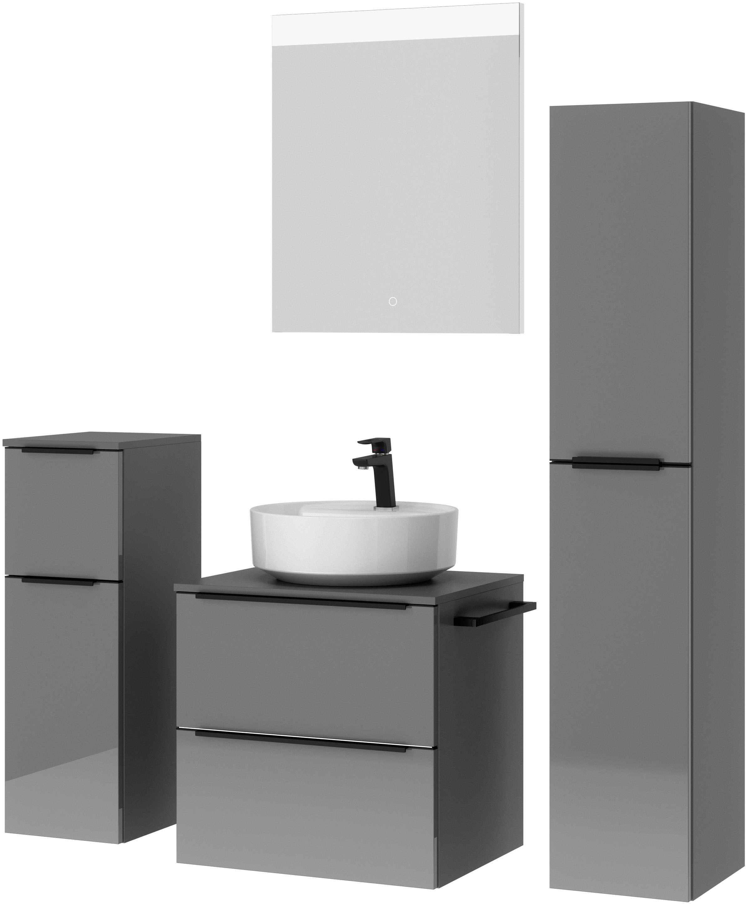 nobilia® Badmöbel-Set »Alvene«, (4 St., vormontiert, mit Soft-Close), Hochglanz, inkl. Spiegel mit Touch-Sensor, in vier Breiten