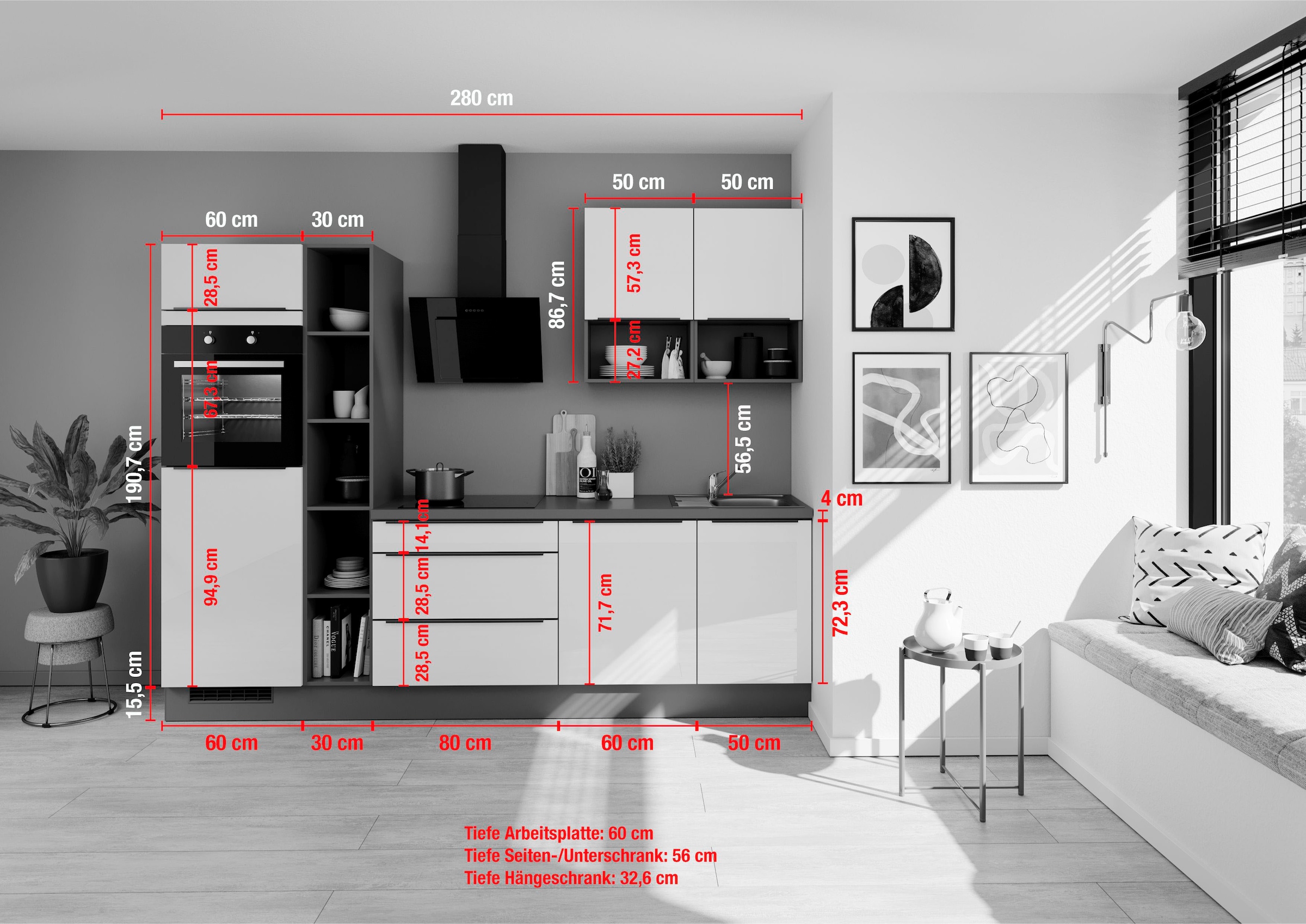 IMPULS KÜCHEN Küche »"Madrid", Ausrichtung wählbar, Schubkästen mit Soft-Close,«, vormontiert, wahlweise mit E-Geräten, mit Vollauszug, Breite 280 cm