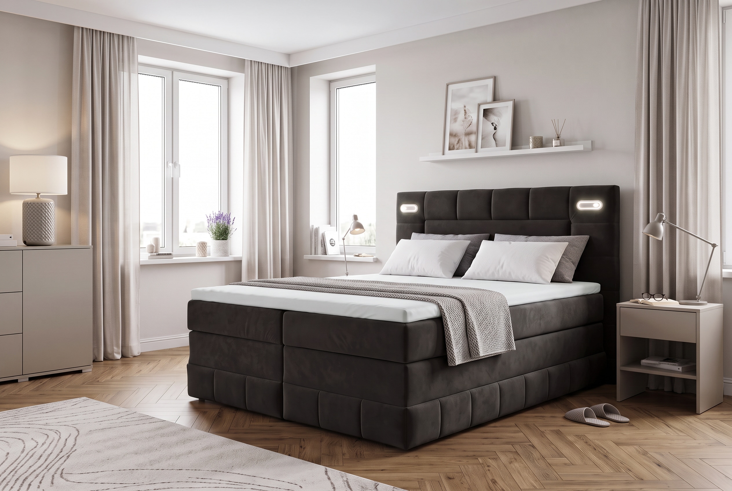 OTTO home Boxbett "PHILIPPA, Polsterbett mit Bettkasten, mit Taschenfederkernmatratze H3" mit Kaltschaum-Topper, Microfaser-Bezug, wahlweise mit LED-Beleuchtung