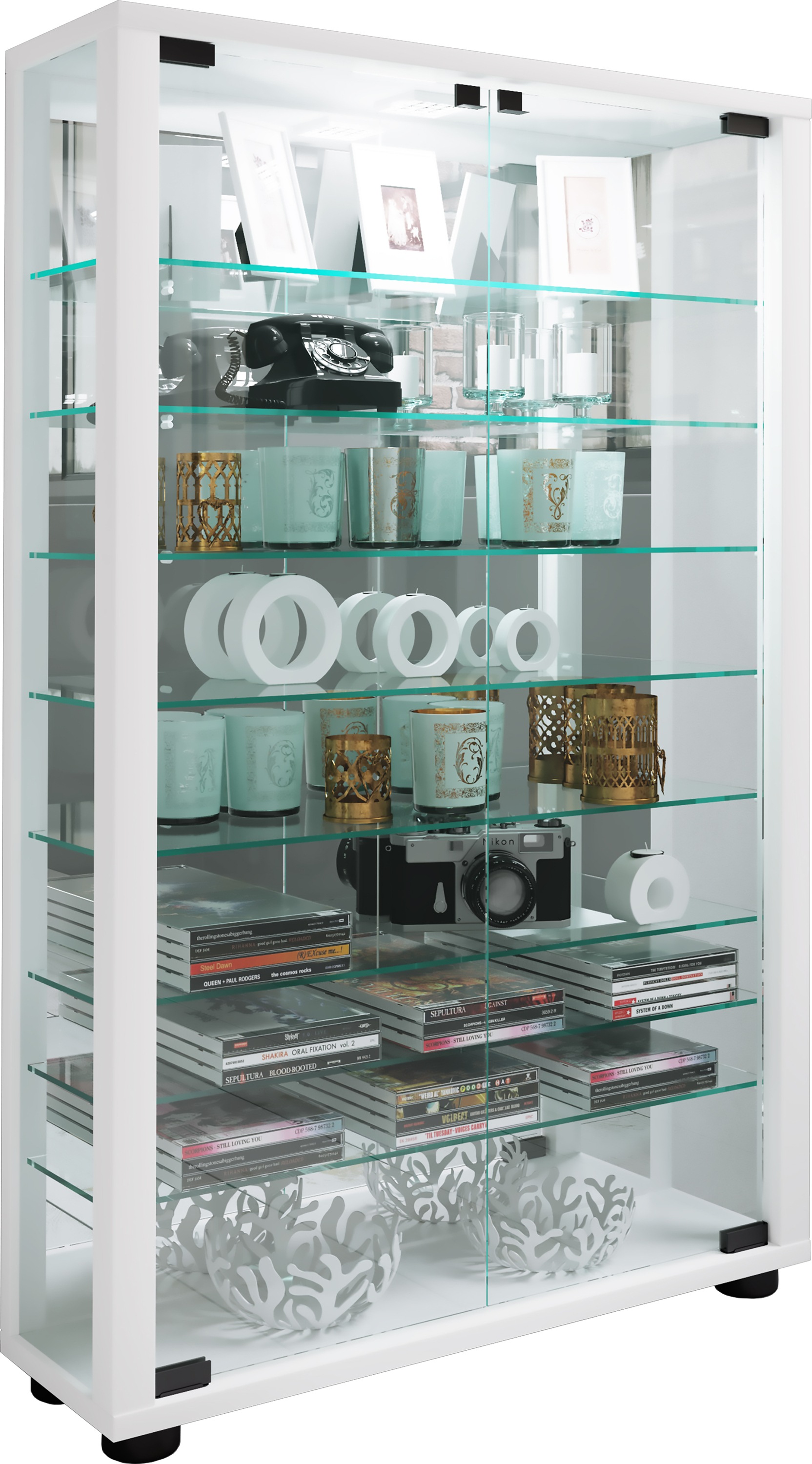 Vitrine VCM, B:59cm H:91cm T:18cm, weiß, Obermaterial: 100% Holz Wood., Wohnzimmer, Schränke, "VCM Glasvitrine stehend Vitrine Glas mit