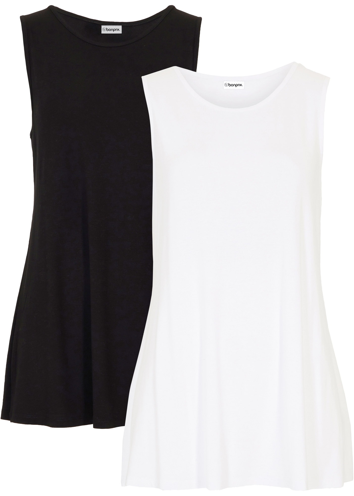 Shirttop BONPRIX, Damen, Gr. 44/46 (L), weiß, schwarz, Jersey, Obermaterial: 95% Viskose, 5% Elasthan, mehrfarbig, unifarben, A-Linie Po-bedeckend, Rundhals, Tops Shirttop, Longtop in dezenter A-Linie, ärmellos, Viskose-Jersey mit Stretch