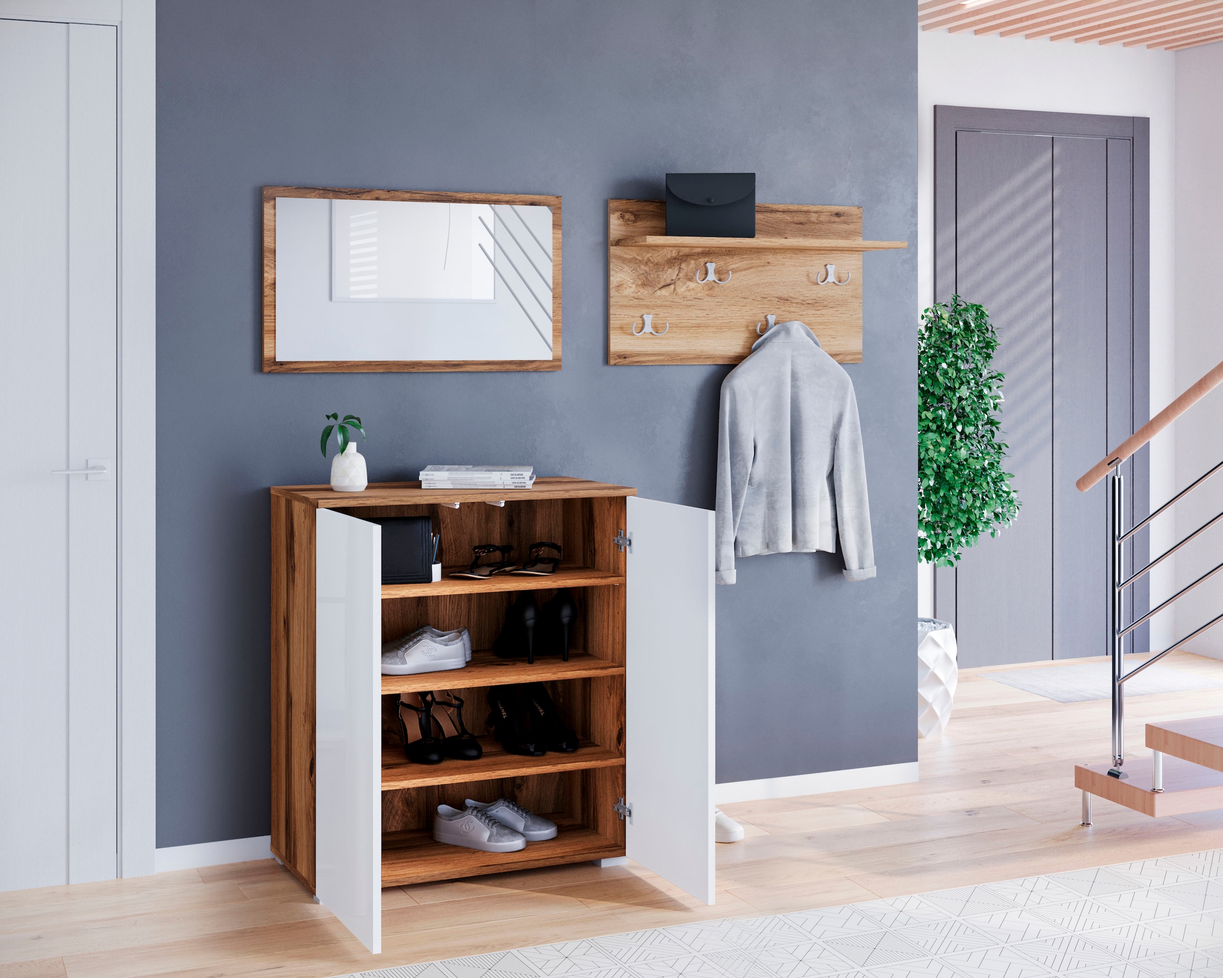 INOSIGN Garderoben-Set »PARIS/ TOKYO«, (Komplett-Set, 3 St.), Kompaktgarderobe Breite 150cm mit Spiegel für Ihren Eingangsbereich