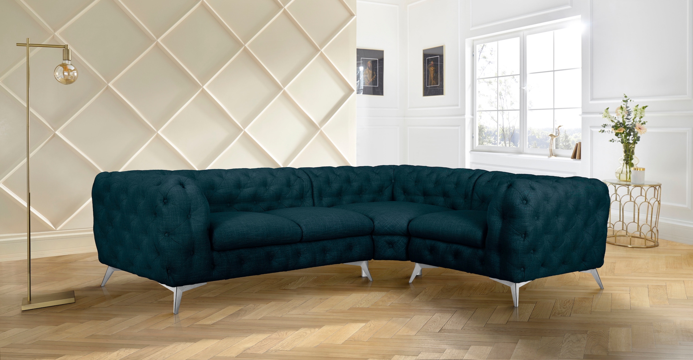 Home affaire Chesterfield-Sofa »Ecksofa GLYNIS L-Form mit Wellenunterfederung, Maße B/T/H 264/204/75cm« aufwändige Knopfheftung, moderne Chesterfield Optik, Fußfarbe wählbar