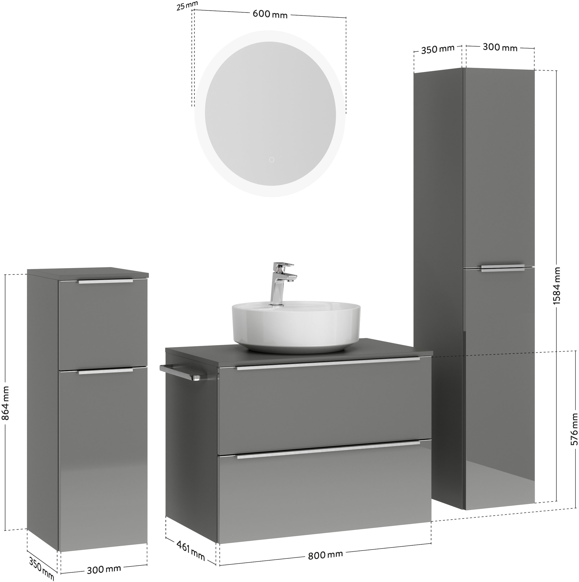 nobilia® Badmöbel-Set »Alvene«, (4 St., vormontiert, mit Soft-Close), Hochglanz, inkl. Spiegel mit Touch-Sensor, in vier Breiten