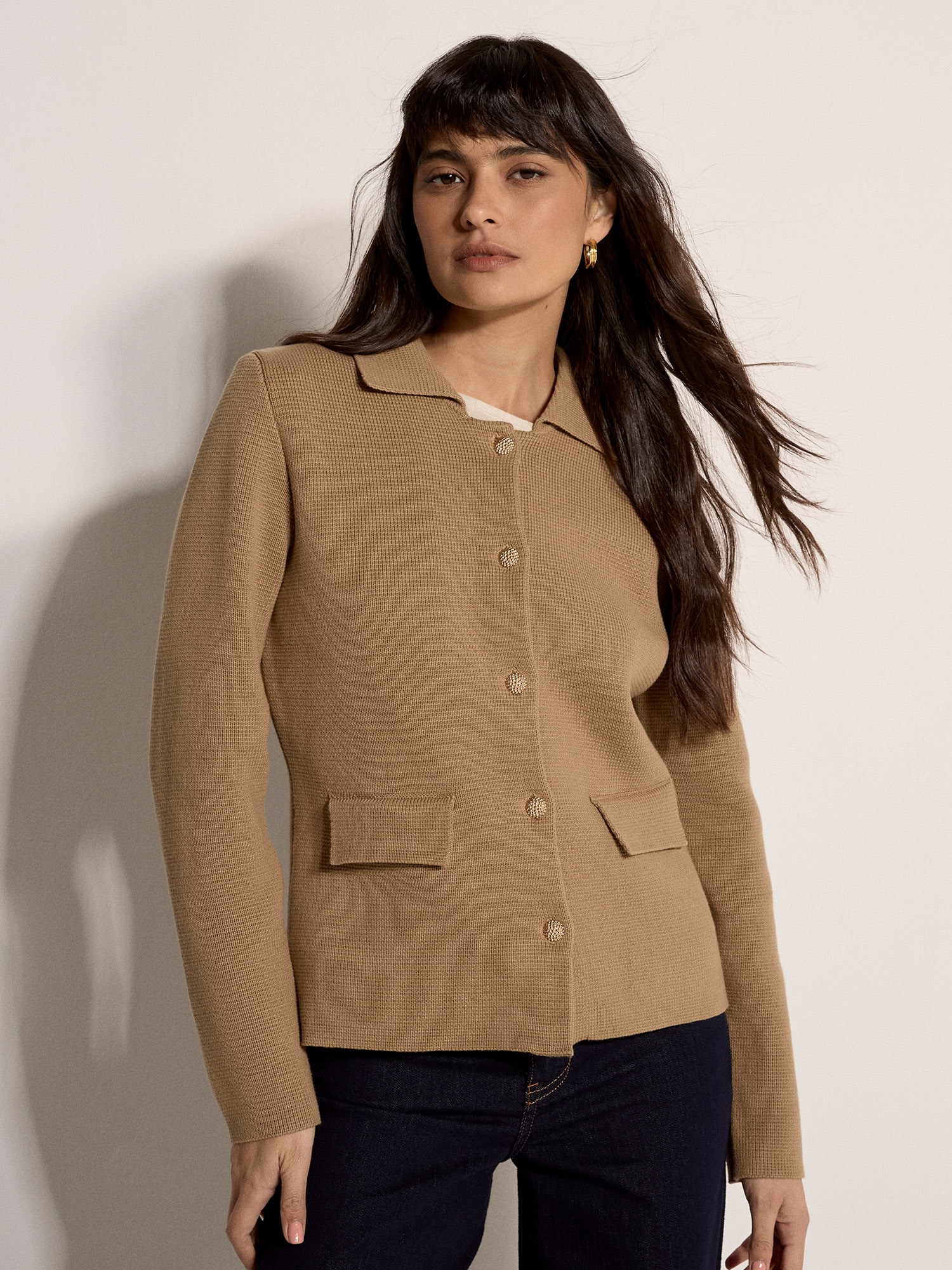 Apricot Strickfleecejacke "Baumwollstrickjacke" mit dekorativen Knöpfen