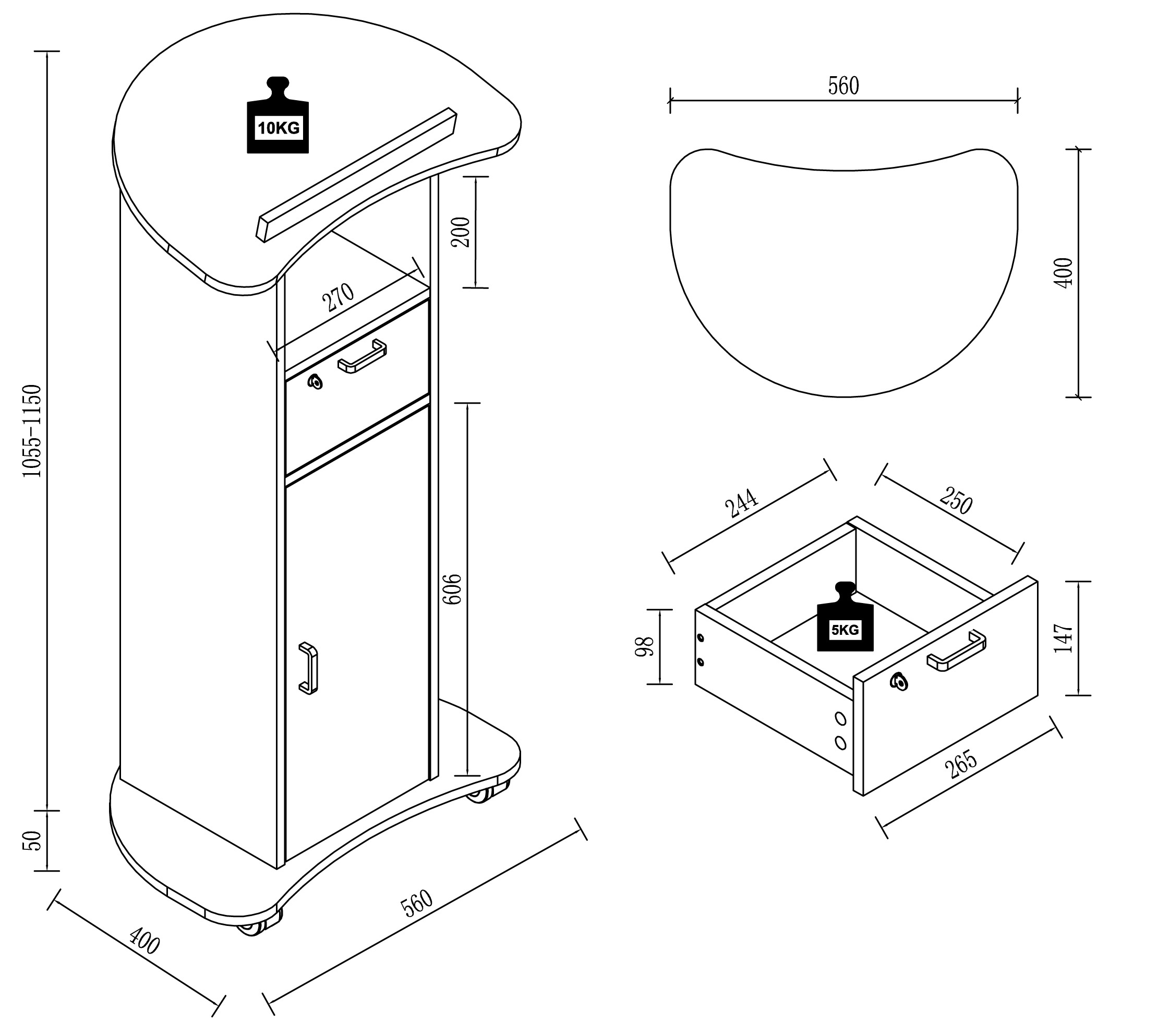 VCM Stehpult »VCM Holz mobiles Rednerpult | Maße ca. H. 110 bis 120 cm x B. 56 cm x T. 37 cm | rollbar mit Schublade | Stehpult | Stehtisch mit Tür - Redola«, (Redola)