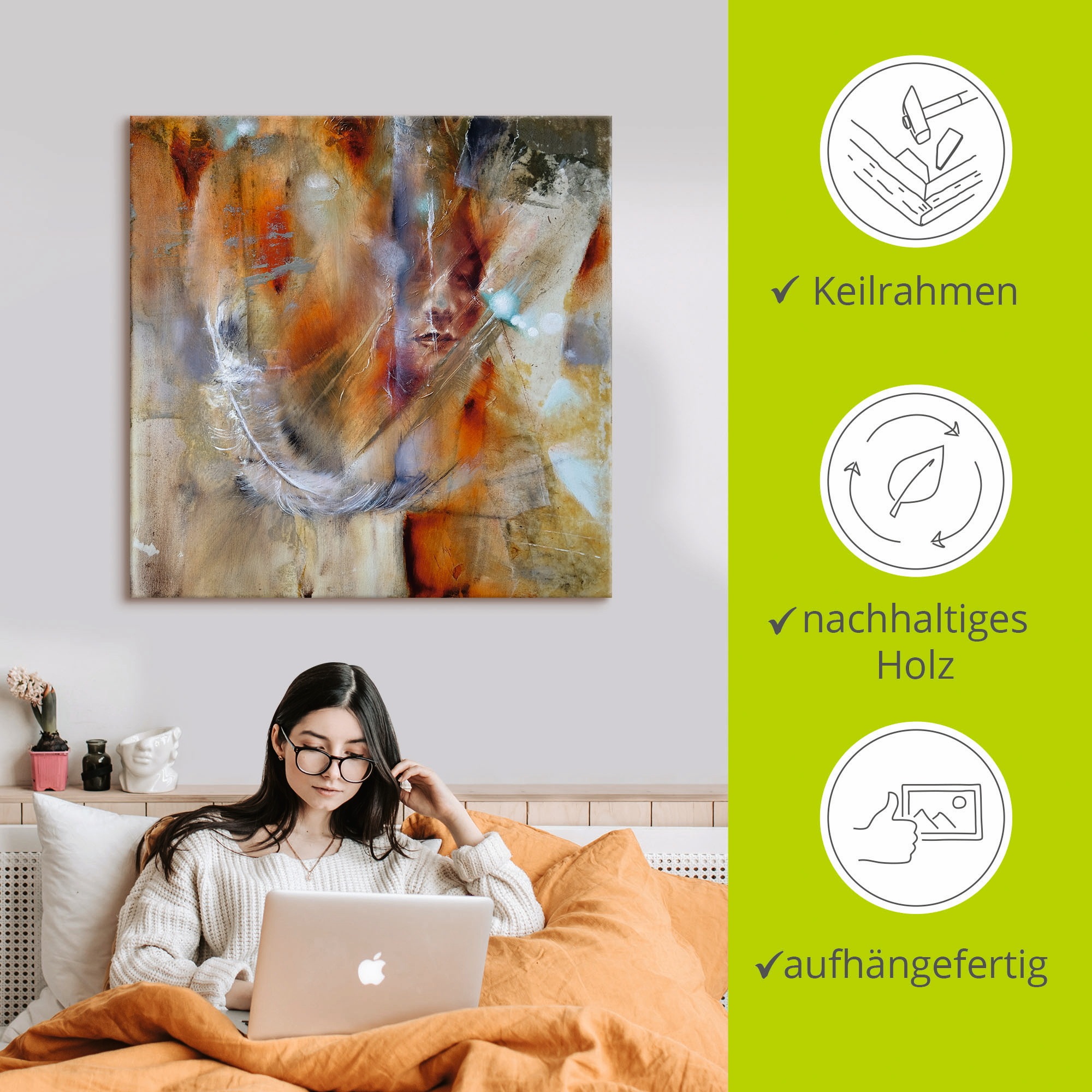 Artland Wandbild »Cora mit Feder«, Frau, (1 St.), als Alubild, Outdoorbild, Leinwandbild, Poster, Wandaufkleber